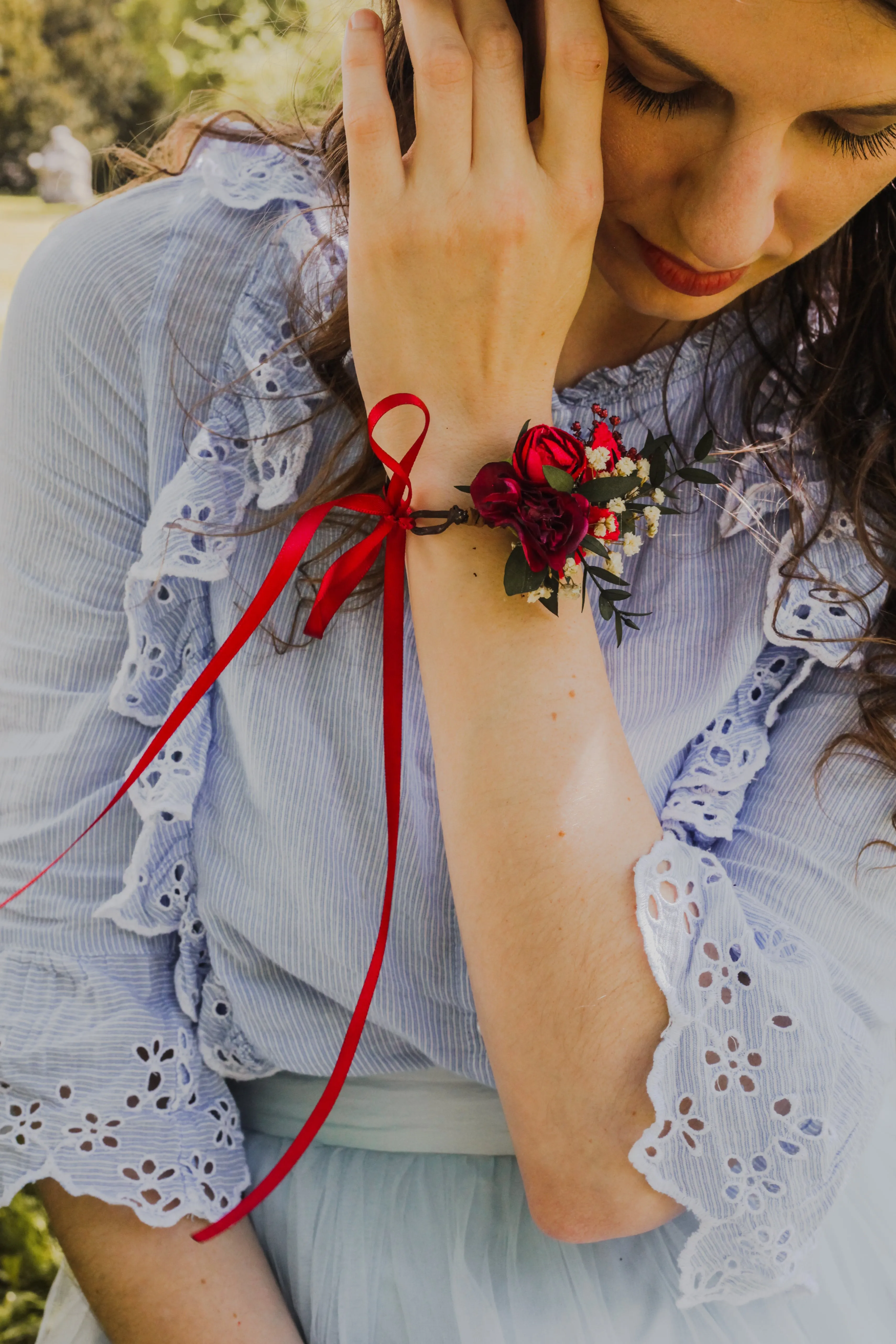 Burgundy and green bridal bracelet Flower wrist corsage for bridesmaids Eucalyptus and baby's breath bracelet Adjustable wedding bracelet