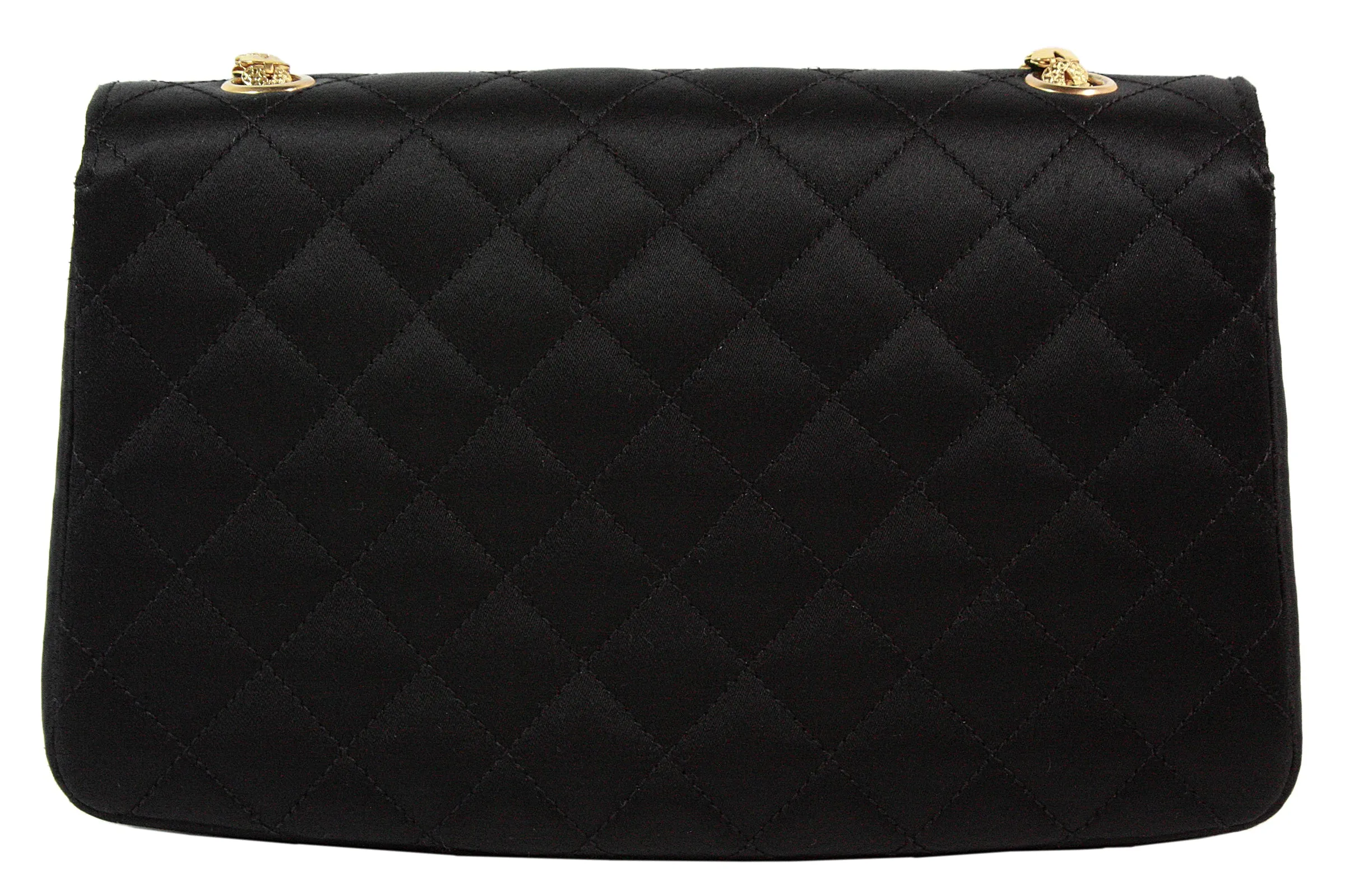 CHANEL 1990s Gripoix Gold Strap Quilted Black Satin Purse