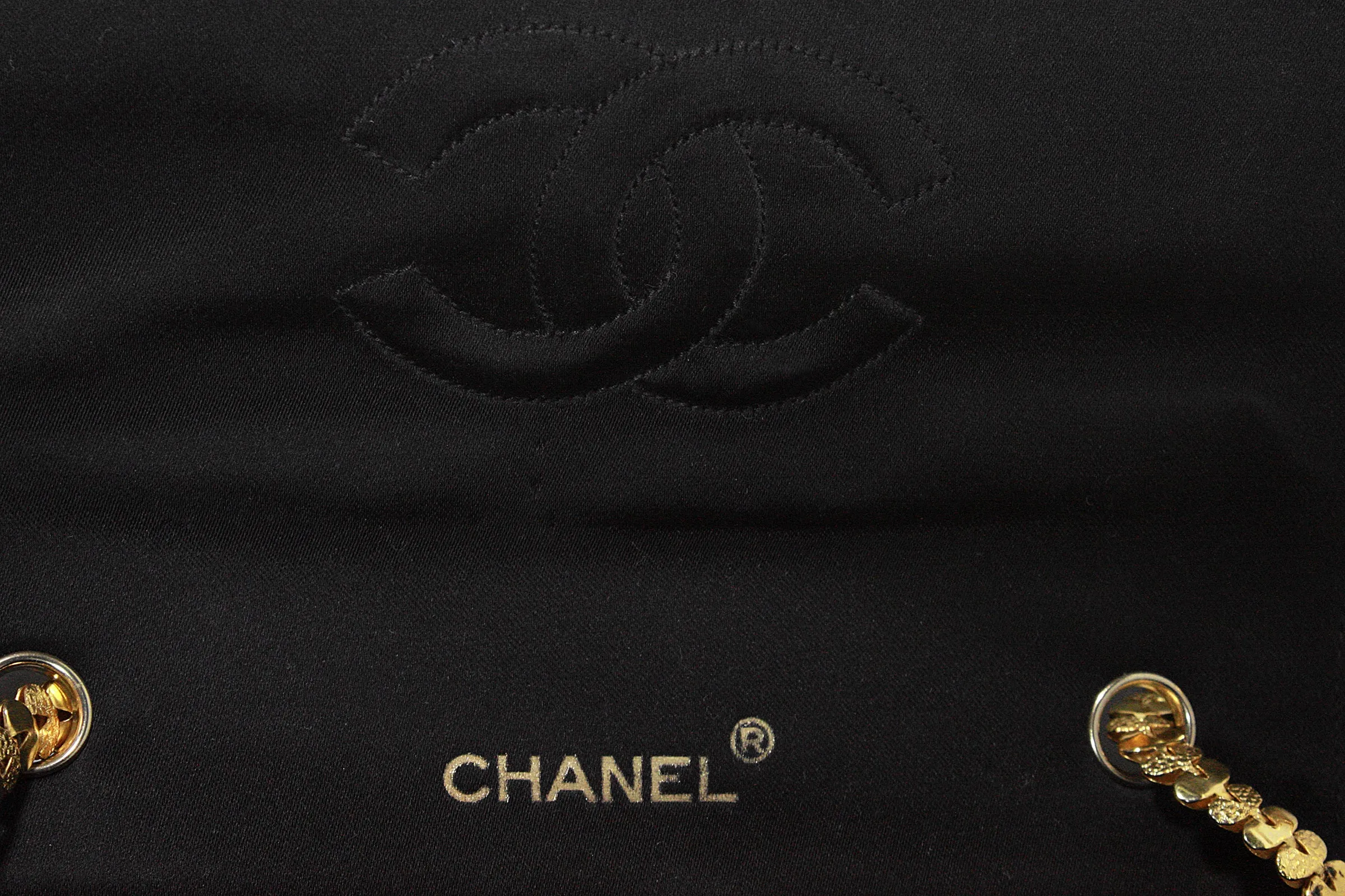 CHANEL 1990s Gripoix Gold Strap Quilted Black Satin Purse