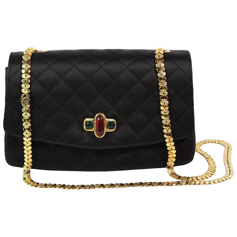 CHANEL 1990s Gripoix Gold Strap Quilted Black Satin Purse