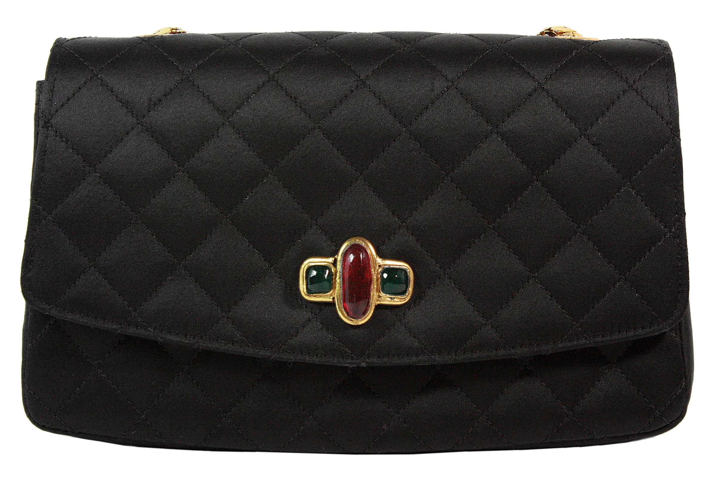 CHANEL 1990s Gripoix Gold Strap Quilted Black Satin Purse