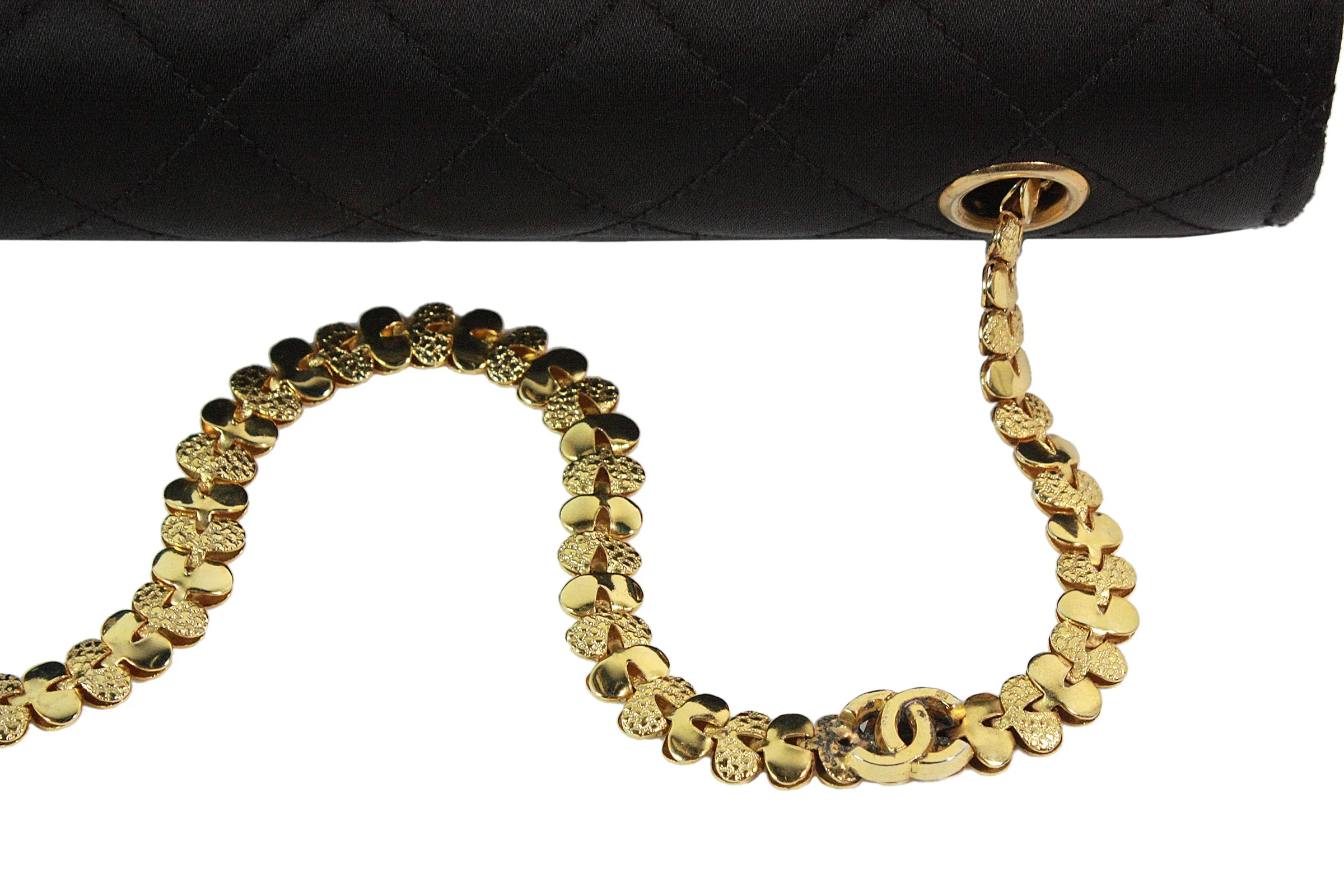 CHANEL 1990s Gripoix Gold Strap Quilted Black Satin Purse