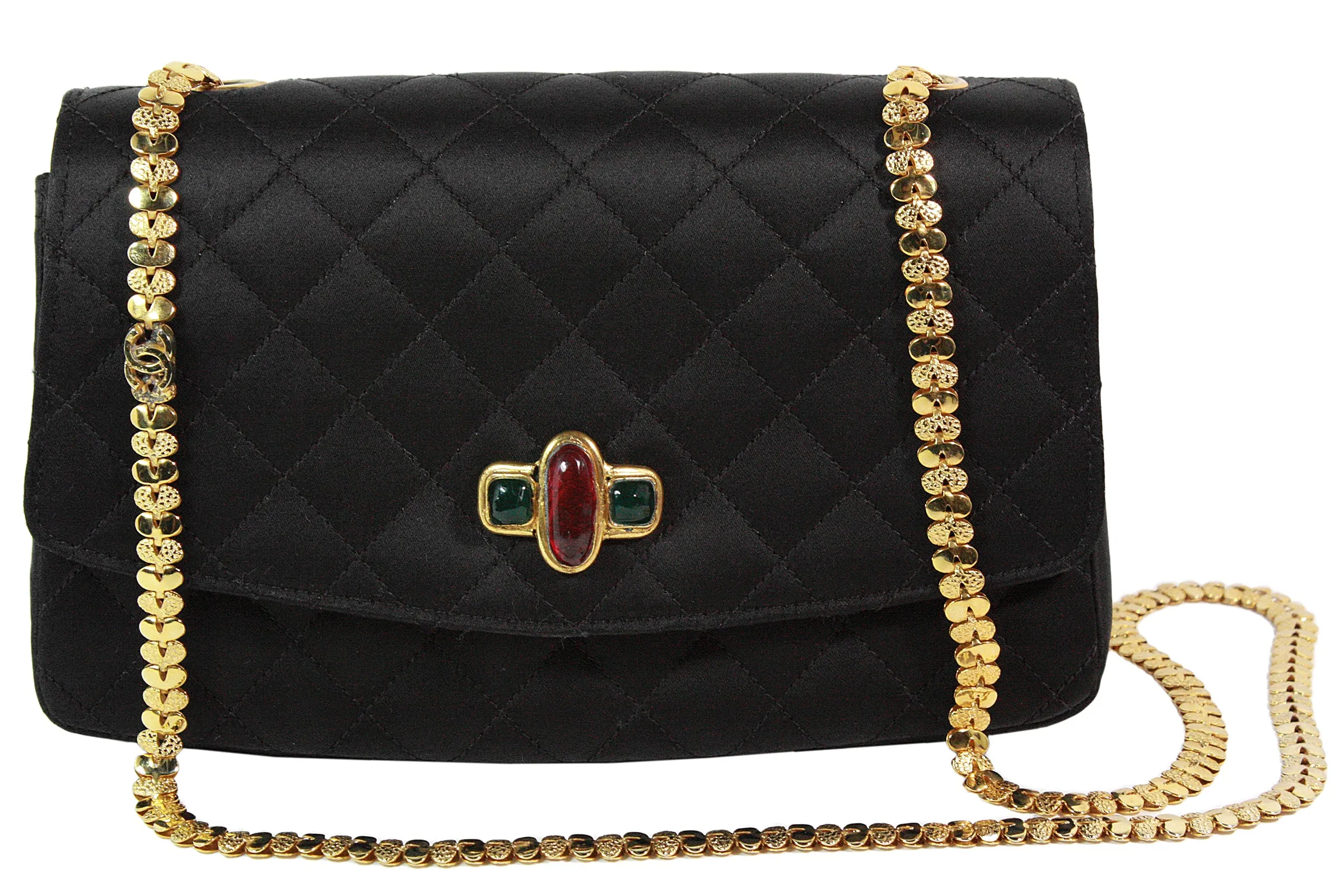 CHANEL 1990s Gripoix Gold Strap Quilted Black Satin Purse