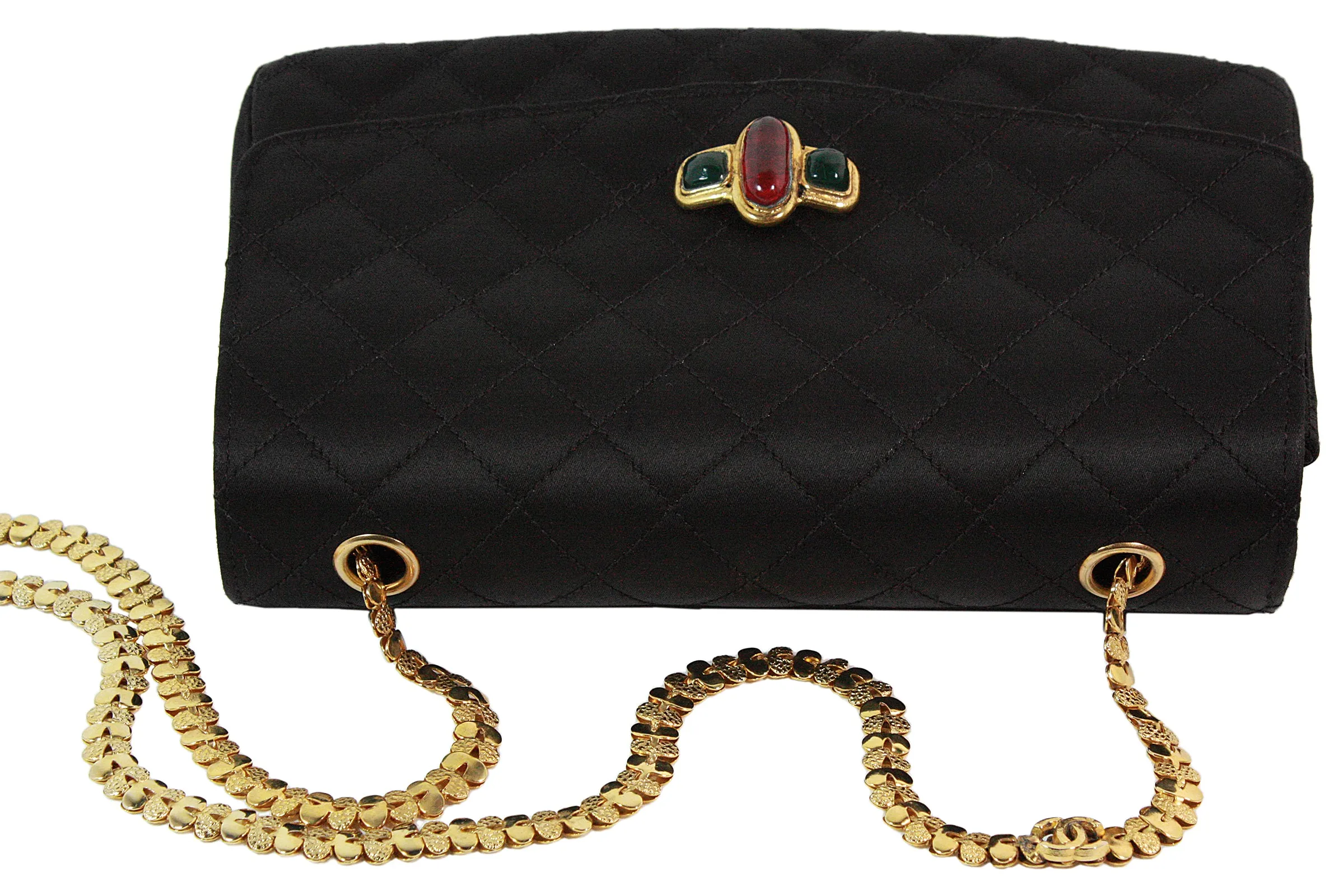 CHANEL 1990s Gripoix Gold Strap Quilted Black Satin Purse