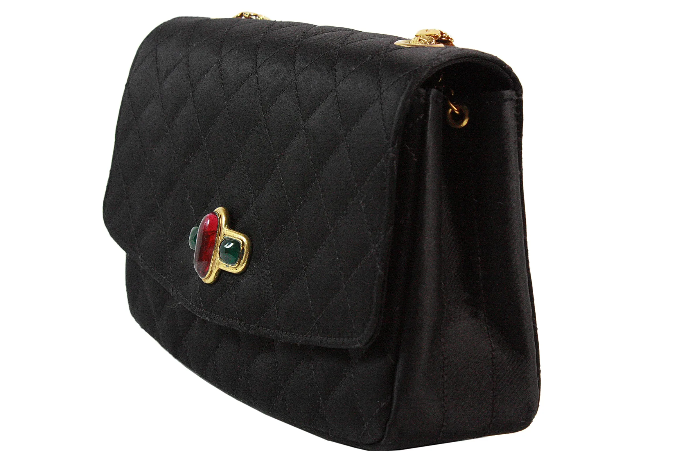 CHANEL 1990s Gripoix Gold Strap Quilted Black Satin Purse