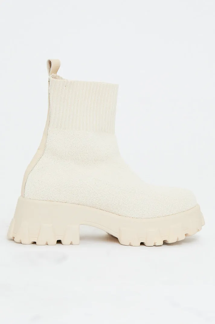 Cream Ankle High Chunky Sole Sock Boots - Bana