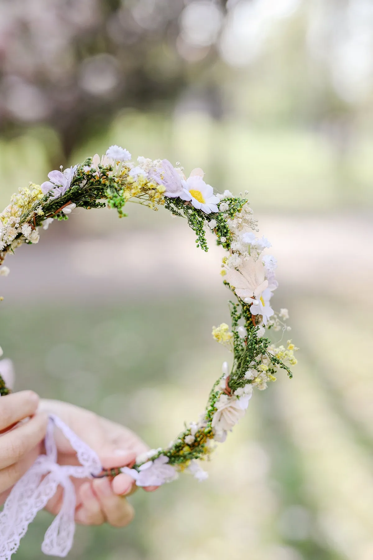 Daisy flower hair wreath Yellow and white meadow crown Bridal accessories Jewellery Magaela Headpiece Natural preserved baby's breath crown