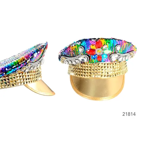 Deluxe Sequin Cap - Rainbow  Gold Studded