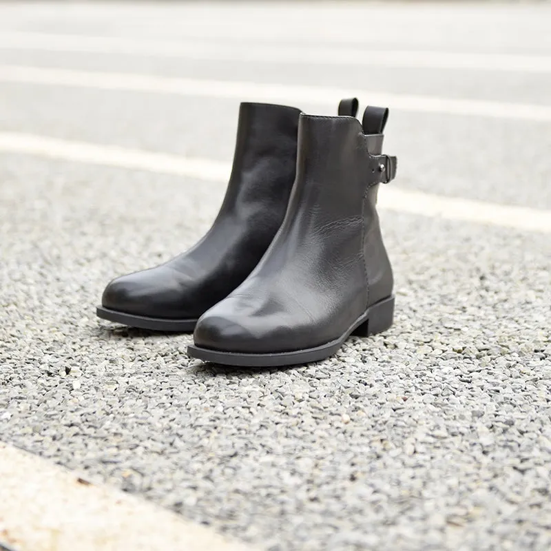 Designer Leather Round Toe Side Zip Block Heel Chic Mid-calf Boots With Buckles in Black