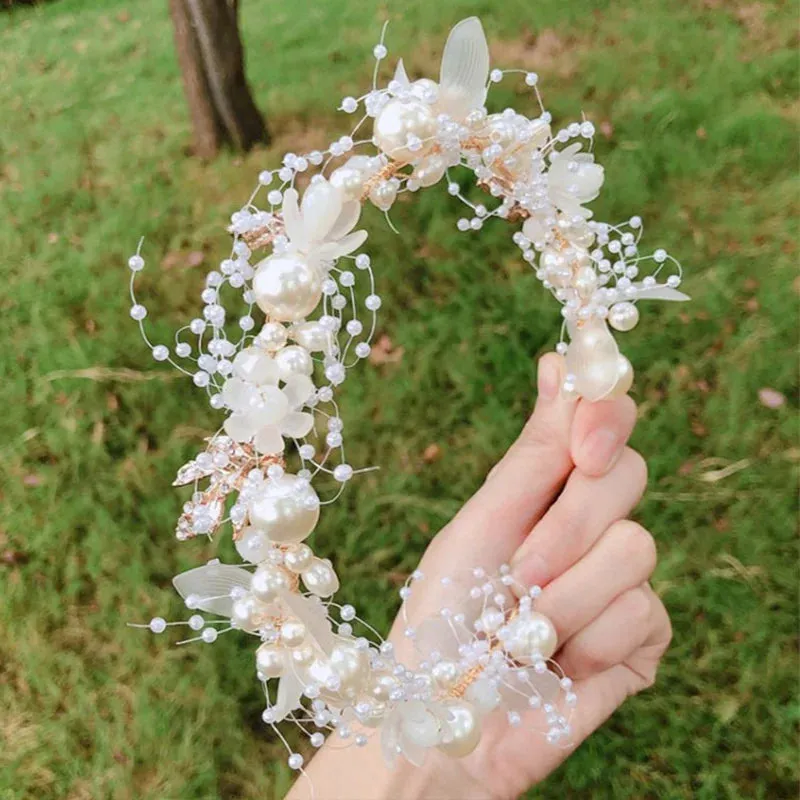 Elegant Bridal Headband Imitated Pearl Vine Floral Crystal Garland Hair Bands Wedding Princess Bride Head Hoop Hair Accessories