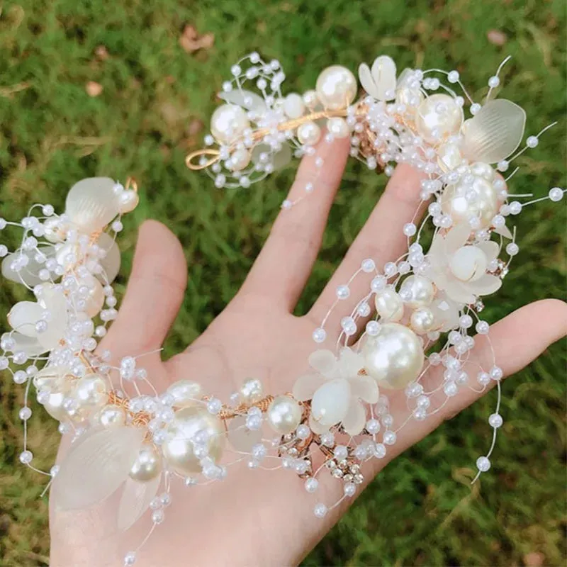 Elegant Bridal Headband Imitated Pearl Vine Floral Crystal Garland Hair Bands Wedding Princess Bride Head Hoop Hair Accessories