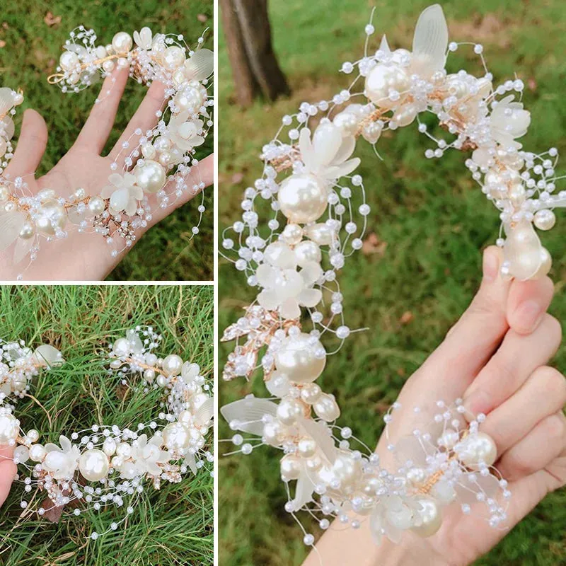 Elegant Bridal Headband Imitated Pearl Vine Floral Crystal Garland Hair Bands Wedding Princess Bride Head Hoop Hair Accessories