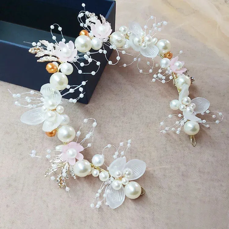 Elegant Bridal Headband Imitated Pearl Vine Floral Crystal Garland Hair Bands Wedding Princess Bride Head Hoop Hair Accessories