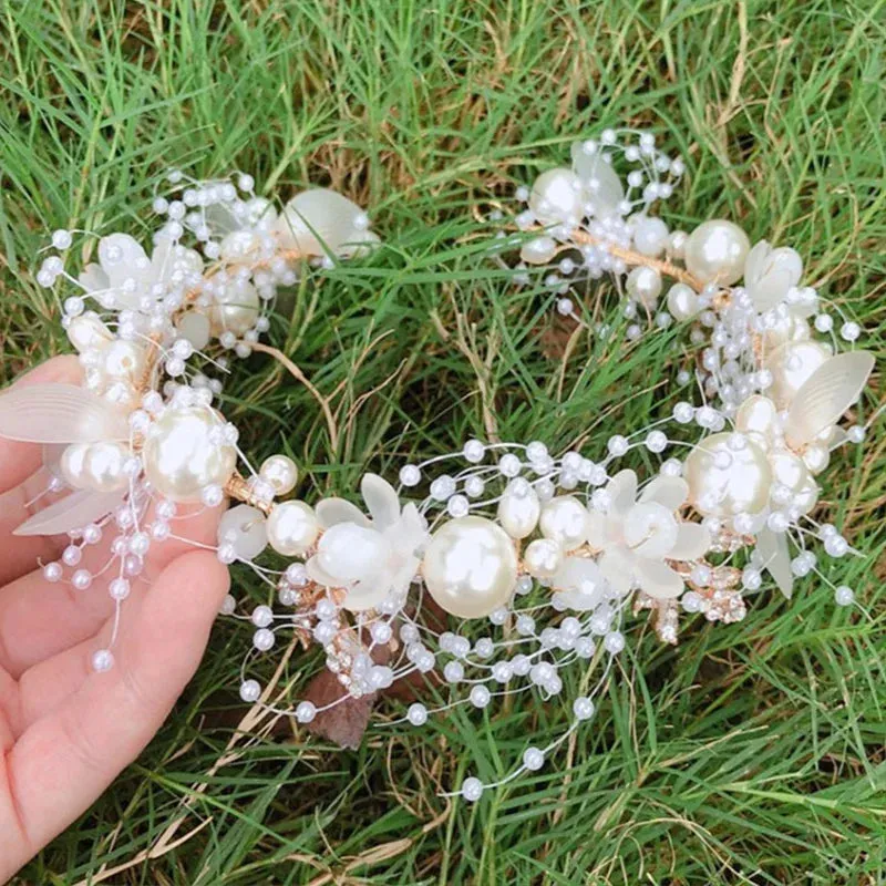 Elegant Bridal Headband Imitated Pearl Vine Floral Crystal Garland Hair Bands Wedding Princess Bride Head Hoop Hair Accessories