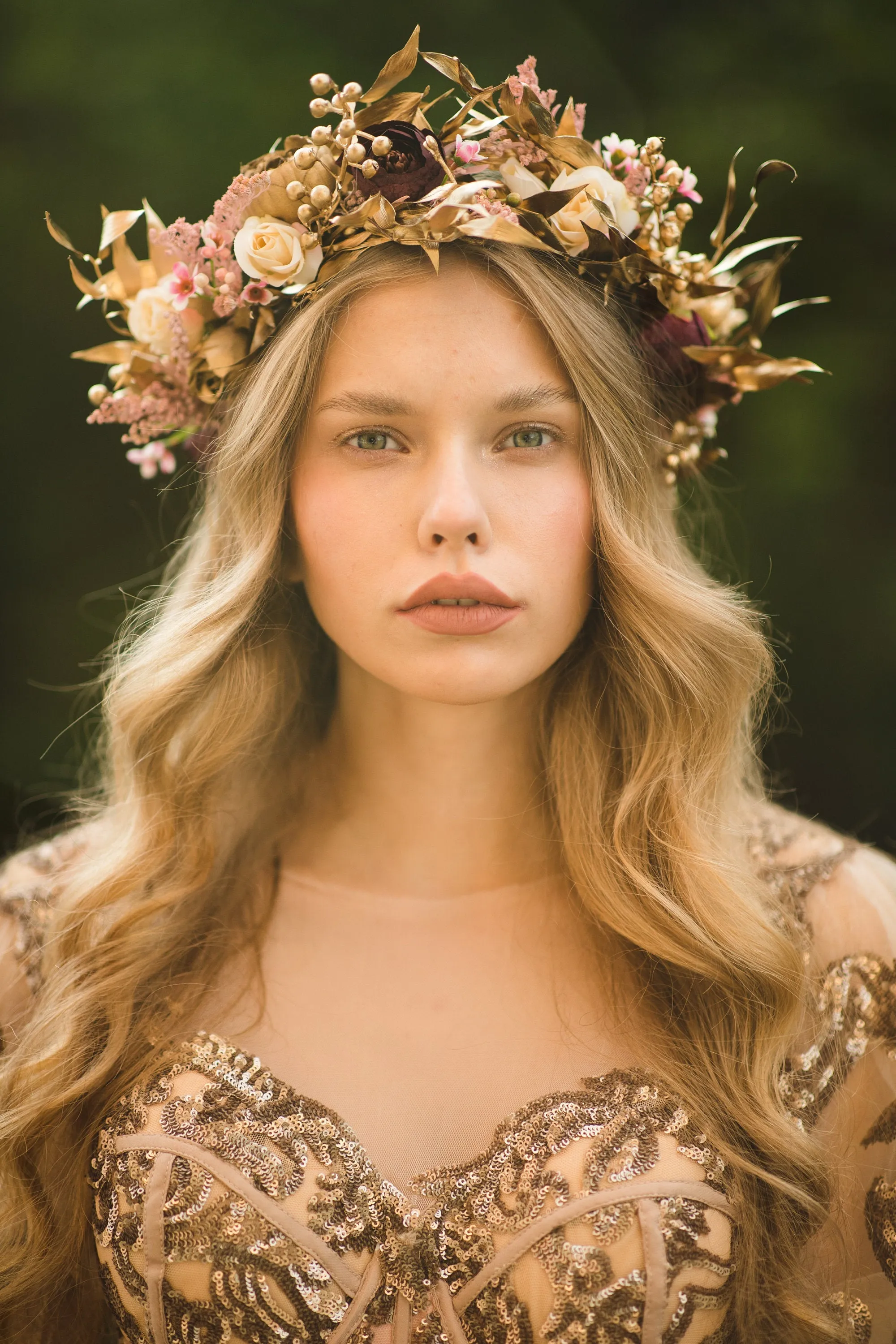 Golden boho wedding hair crown  Flower wedding wreath Bridal hair crown Wedding accessories Magaela hair crown Handmade flower crown