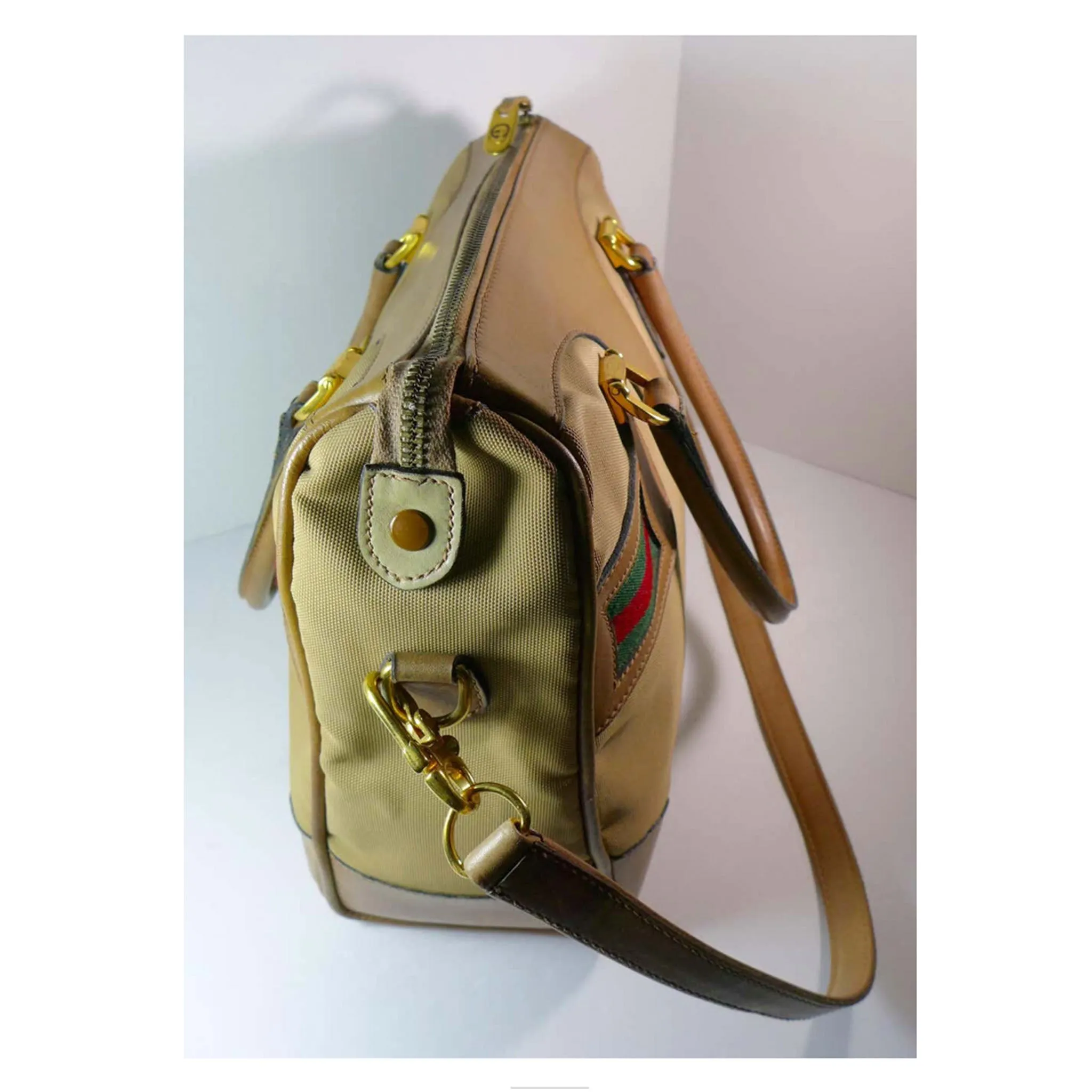 GUCCI Tan Leather and Canvas Shoulder Bag