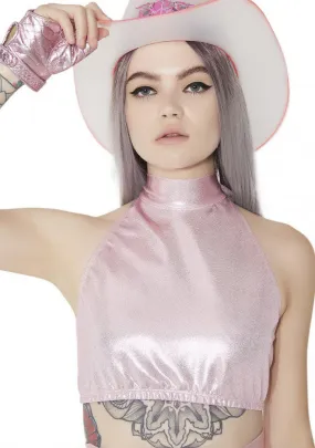 Hologram High Neck Halter Top in Baby Pink