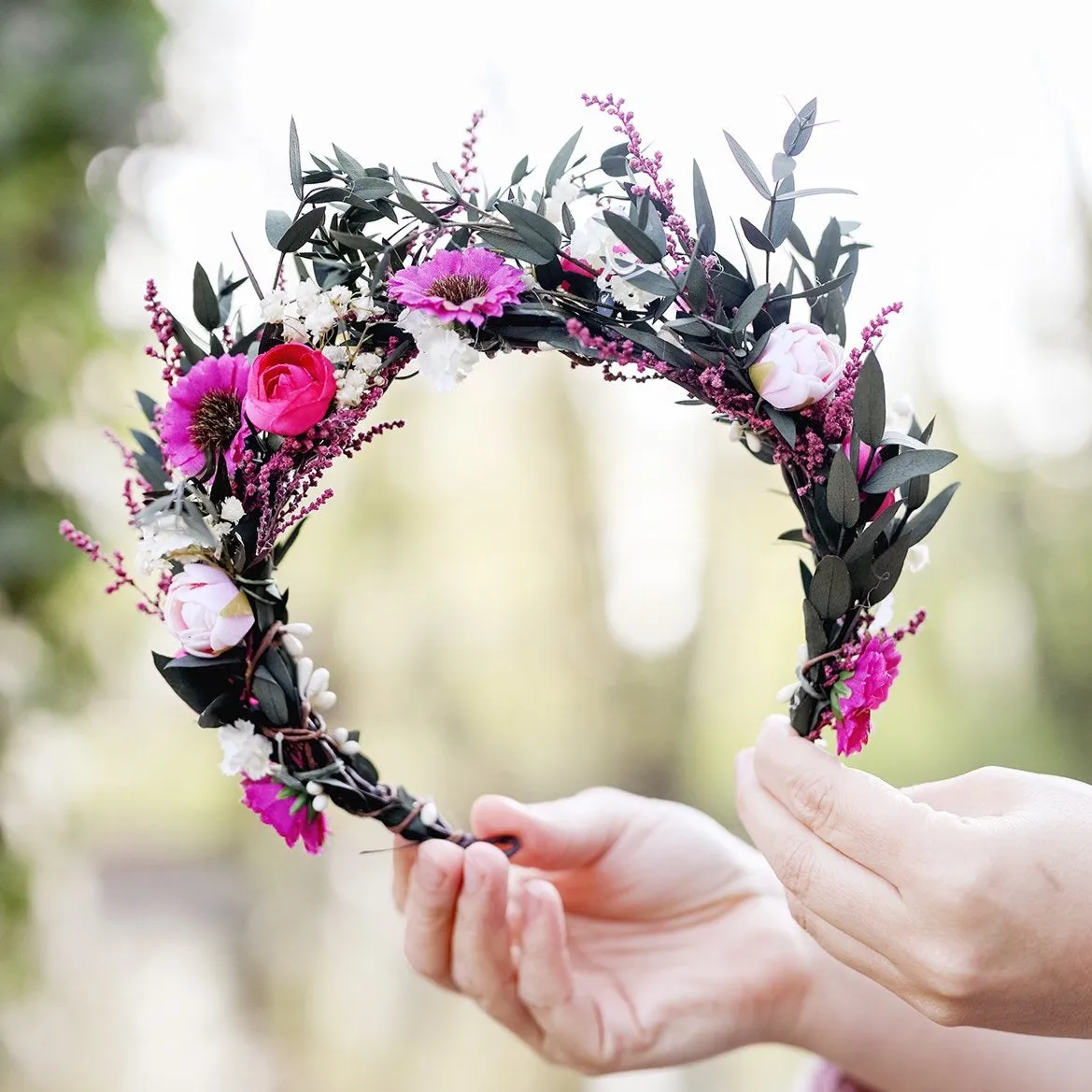 Magenta flower half wreath Bridal hair crown Pink and green flower wreath Wedding accessories Custom Headpiece Natural Hair flowers Magaela