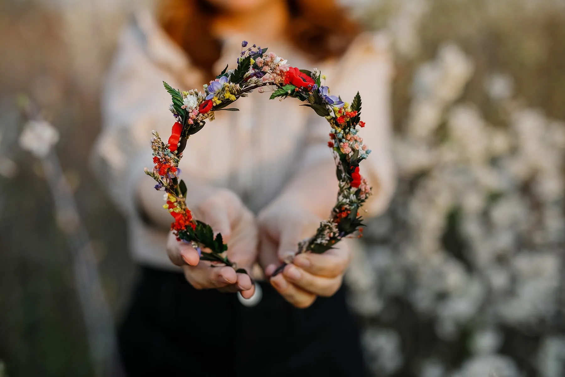 Meadow flower half wreath Bridal hair flower Colourful wedding crown Half wreath with poppy flowers Wedding hair accessories Magaela