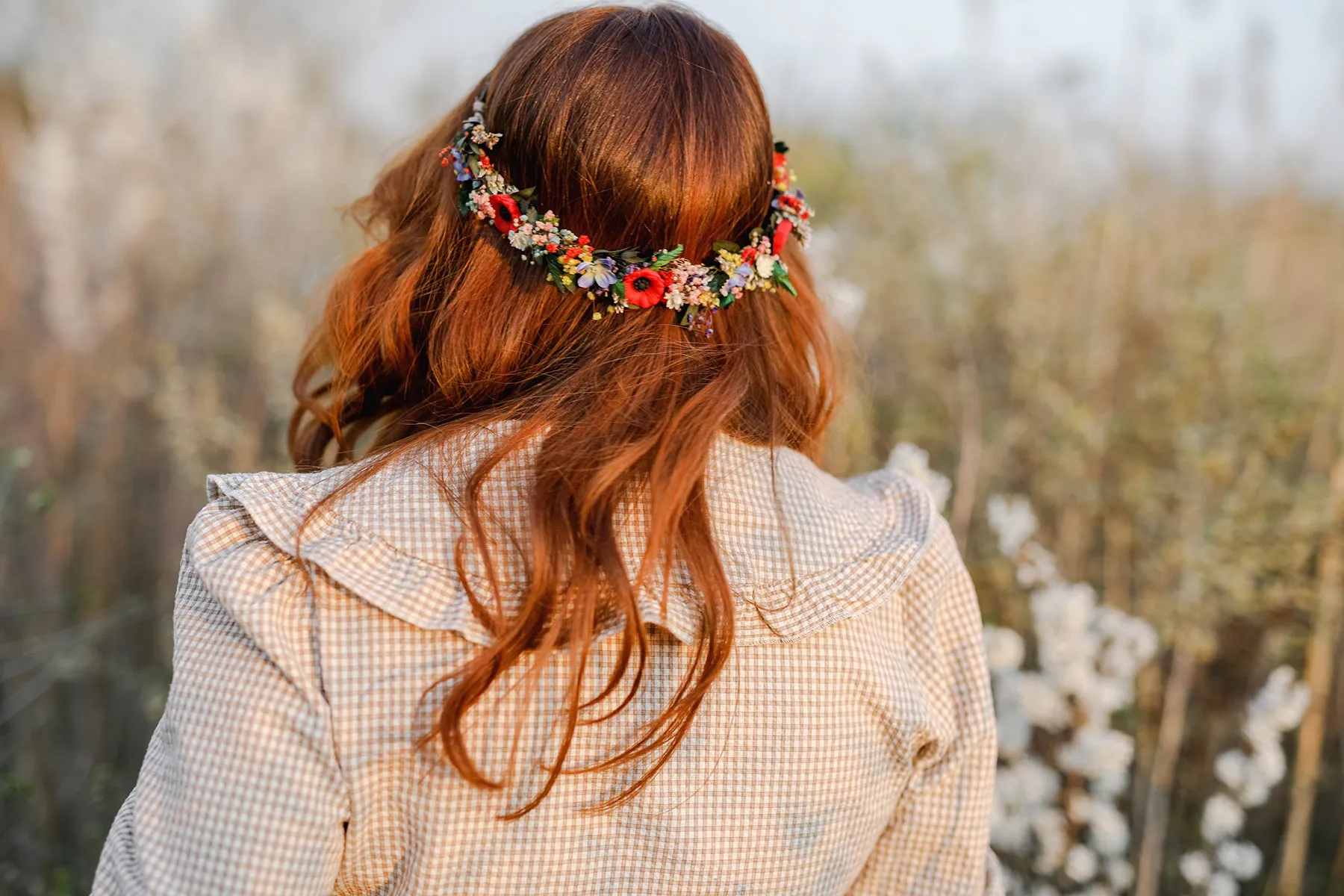 Meadow flower half wreath Bridal hair flower Colourful wedding crown Half wreath with poppy flowers Wedding hair accessories Magaela