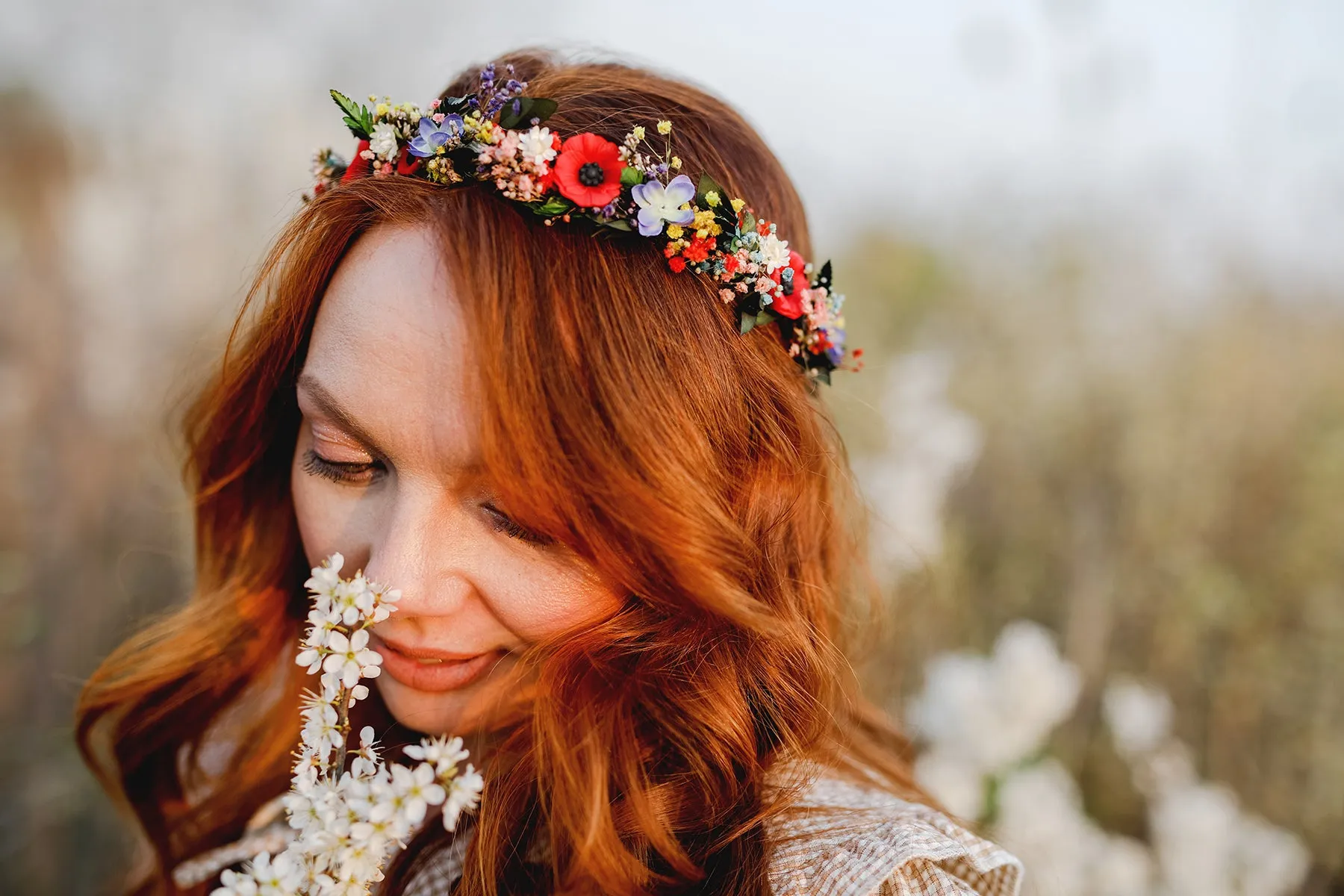 Meadow flower half wreath Bridal hair flower Colourful wedding crown Half wreath with poppy flowers Wedding hair accessories Magaela