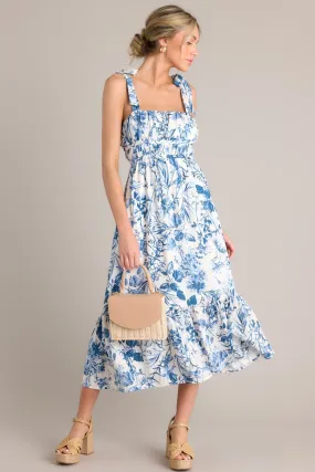 Meadow Muse White & Blue Floral Midi Dress