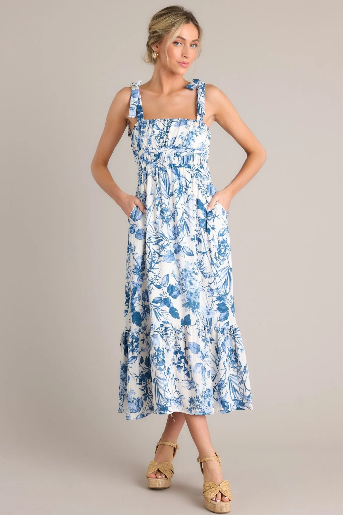 Meadow Muse White & Blue Floral Midi Dress