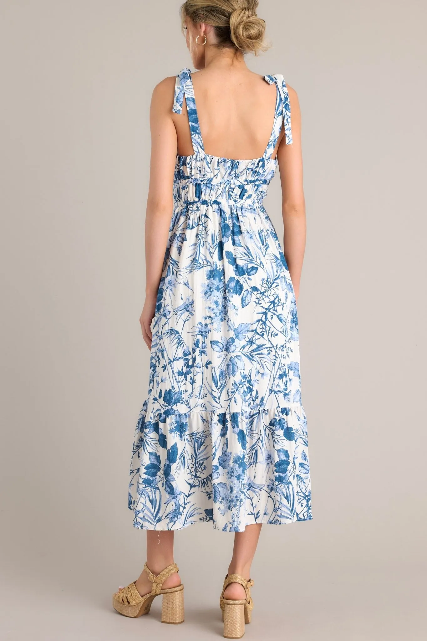 Meadow Muse White & Blue Floral Midi Dress