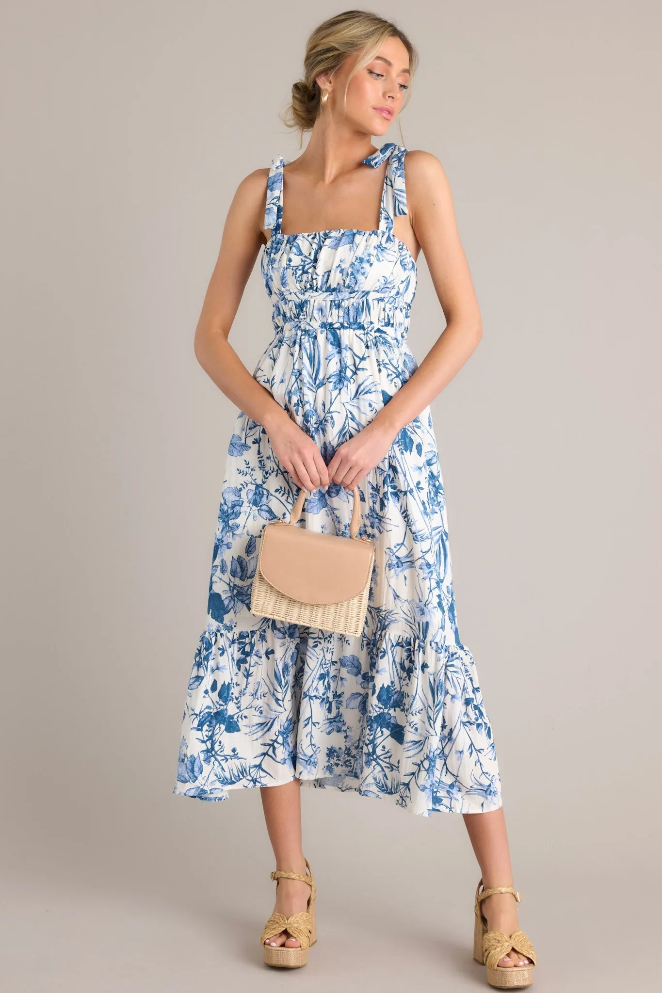 Meadow Muse White & Blue Floral Midi Dress