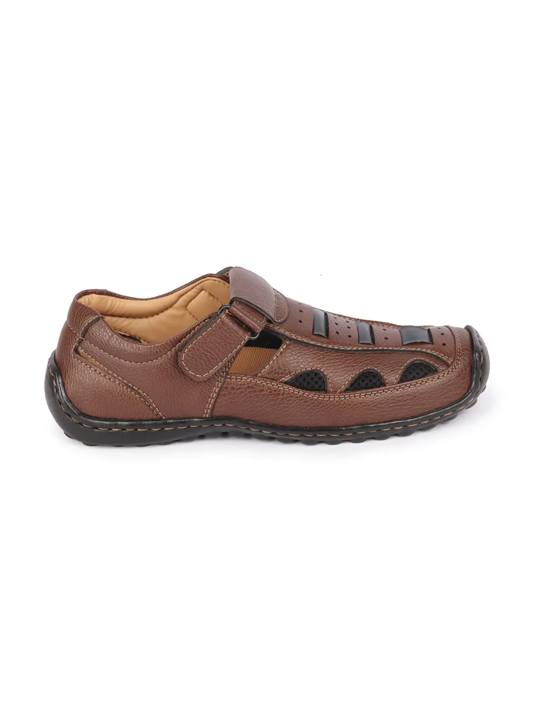 Men Brown Genuine Leather Breathable Comfort PU Pad Insole Hook and Loop Roman Sandals