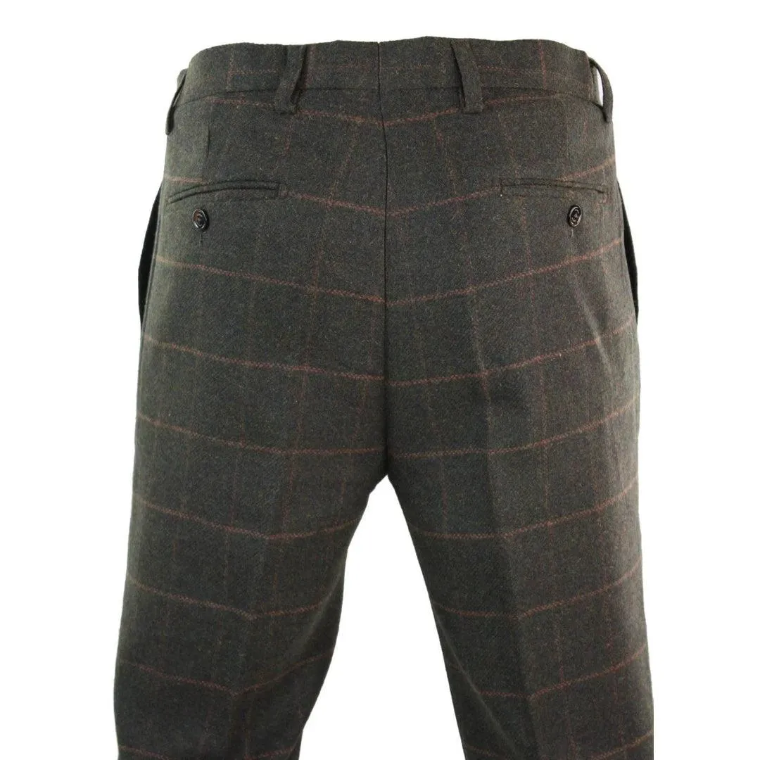 Mens Herringbone Vintage Retro Check Wool Trousers Blinders