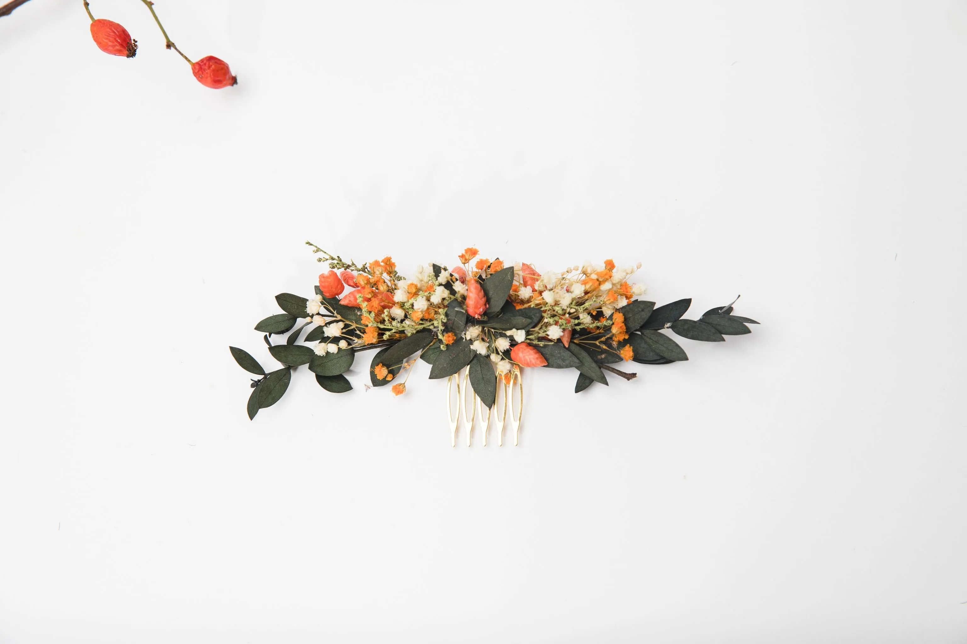 Natural autumn hair comb Flower hair comb Hair flowers Eucalyptus Baby's breath Wedding fall burnt orange flower comb Wedding accessories