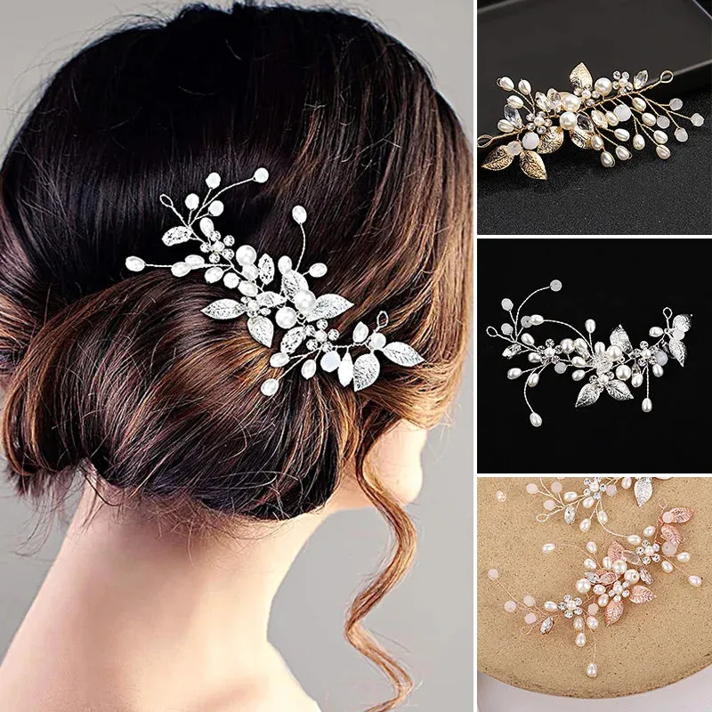 Pearl Crystal Wedding Hair Combs Tiara For Bride Rhinestone Flower Hairpins Bridal Headpiece Jewelry Hair Ornaments Accessories