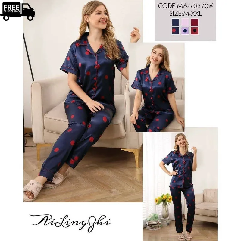 Polka Print Satin Silk Soft Pajama Set