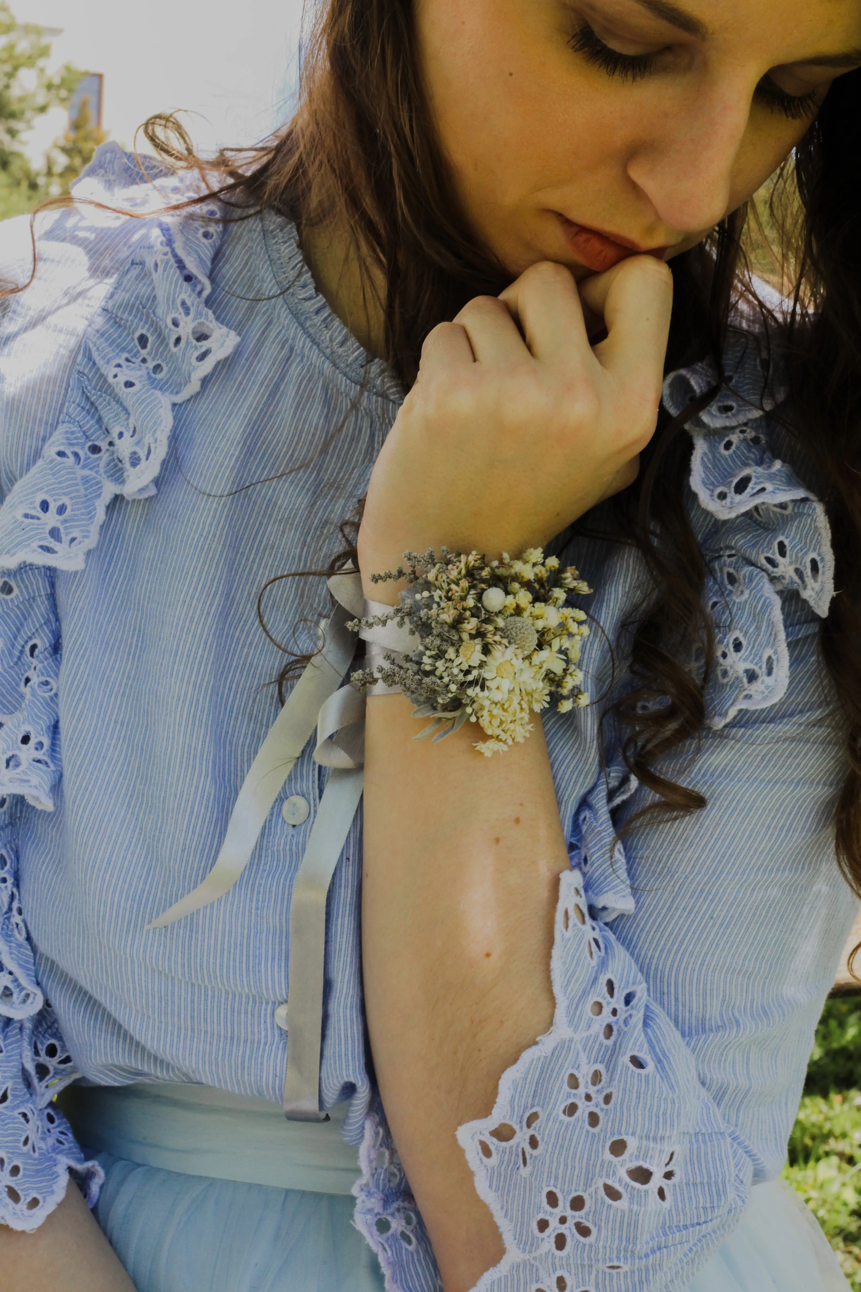 Preserved flower bracelet Baby's breath wrist corsage Dried wedding bracelet Bridesmaid gifts Gypsophila Grey and ivory bracelets Magaela