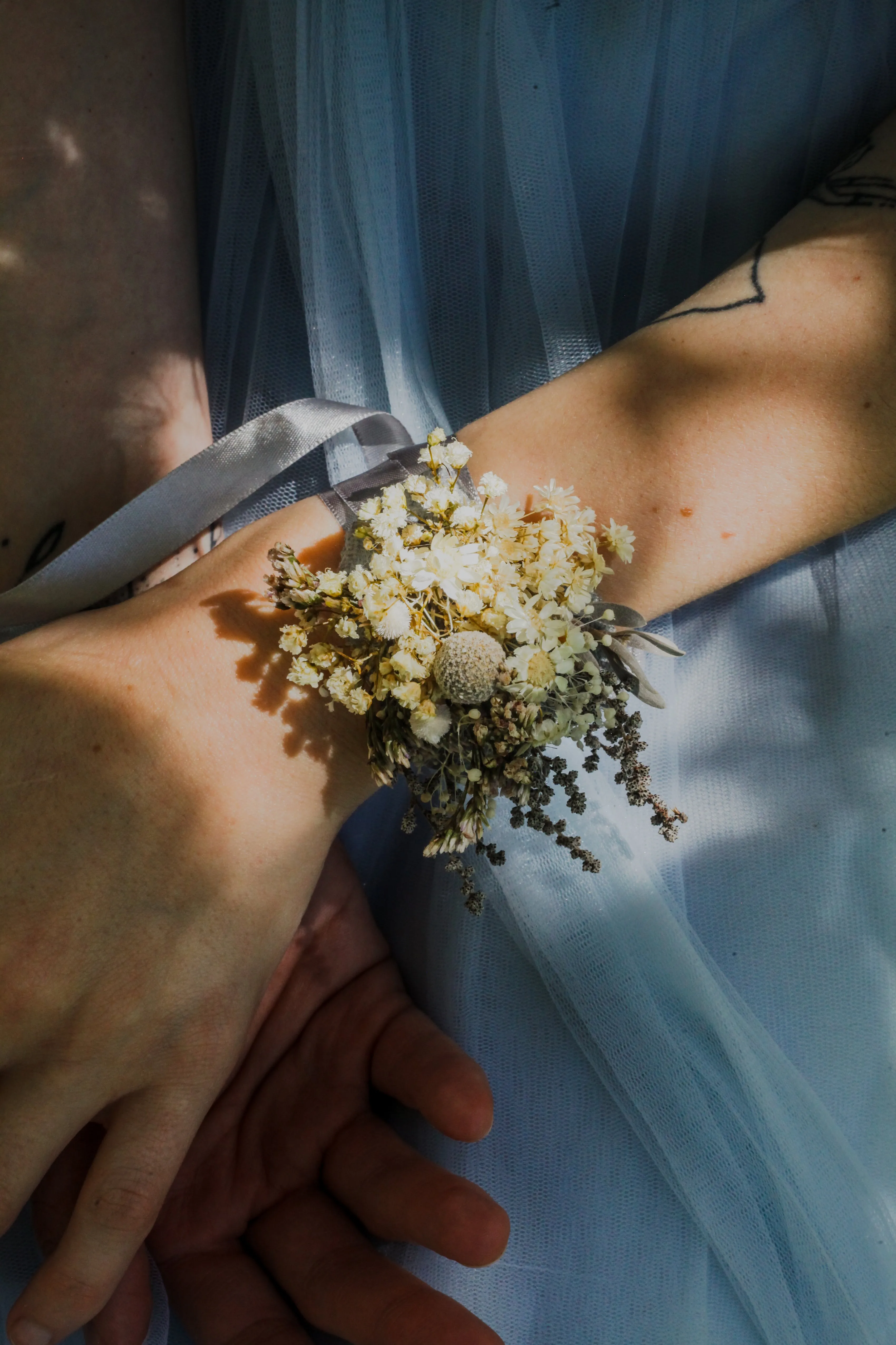 Preserved flower bracelet Baby's breath wrist corsage Dried wedding bracelet Bridesmaid gifts Gypsophila Grey and ivory bracelets Magaela