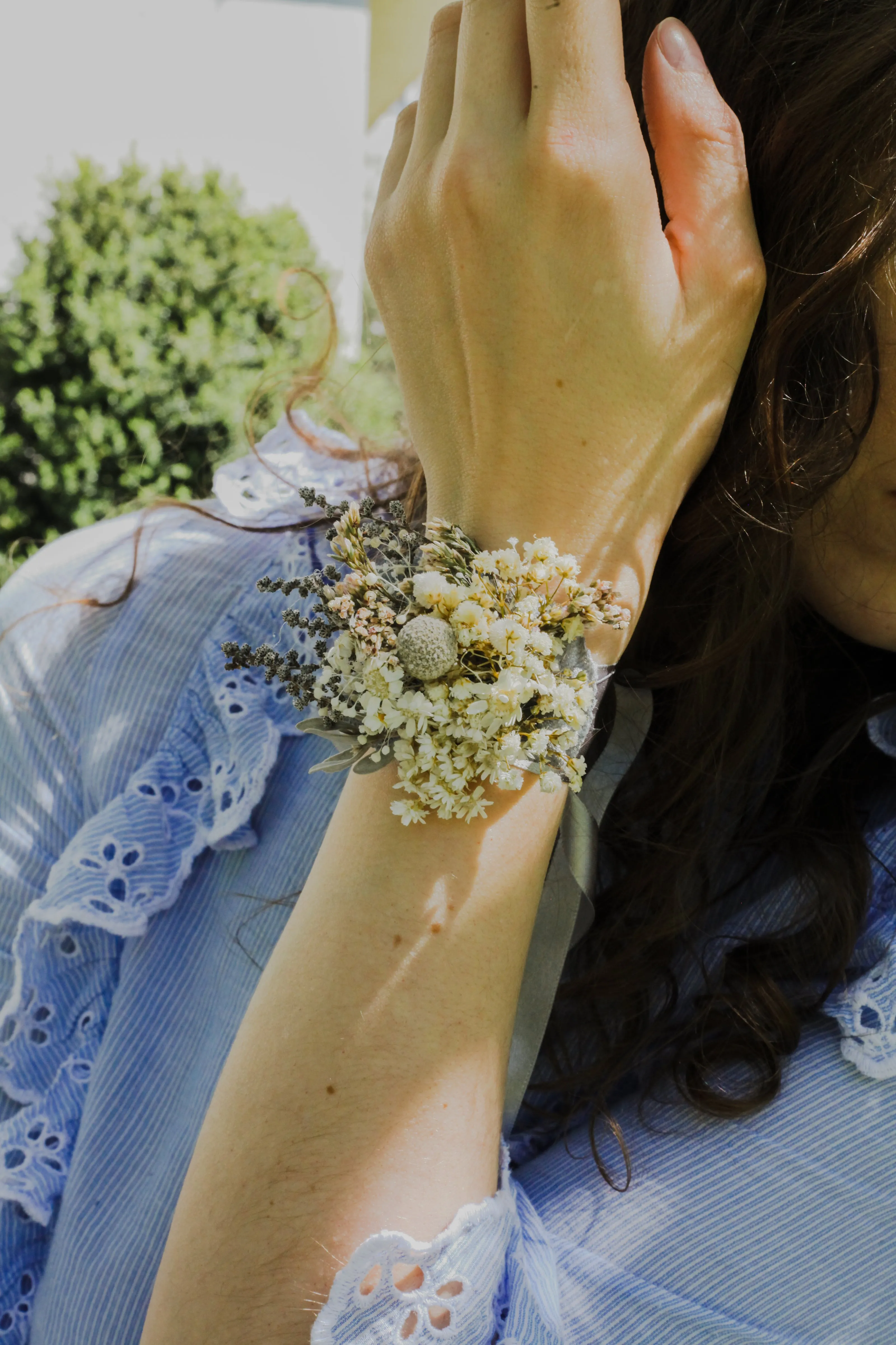 Preserved flower bracelet Baby's breath wrist corsage Dried wedding bracelet Bridesmaid gifts Gypsophila Grey and ivory bracelets Magaela