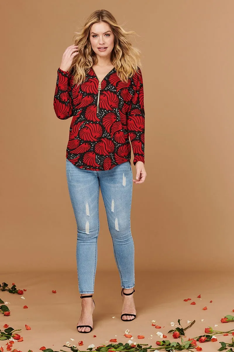 Printed Zip Front Long Sleeve Jumper