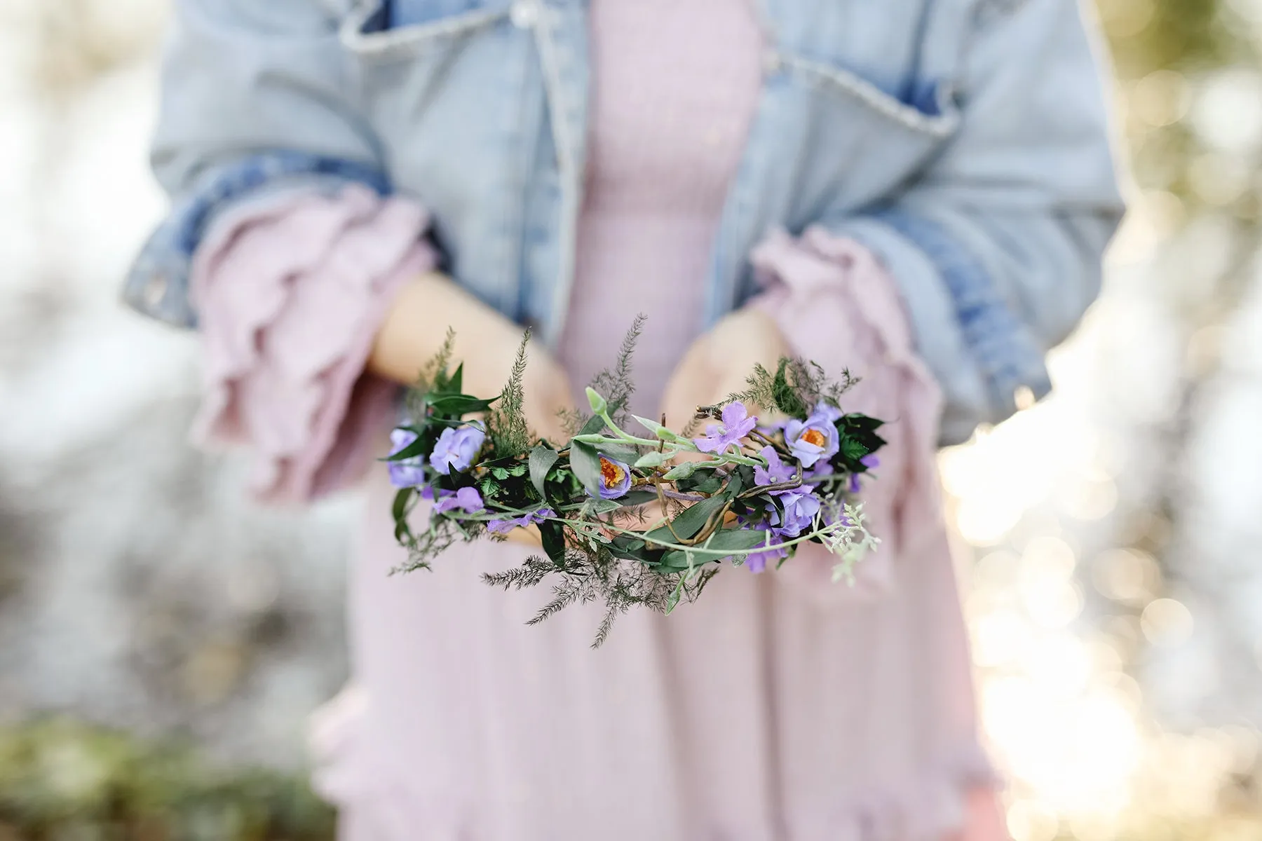 Purple bridal flower wreath Natural blumenkranz Wedding hair flowers Violet and green headpiece 2021 bridal inspiration Magaela Meadow