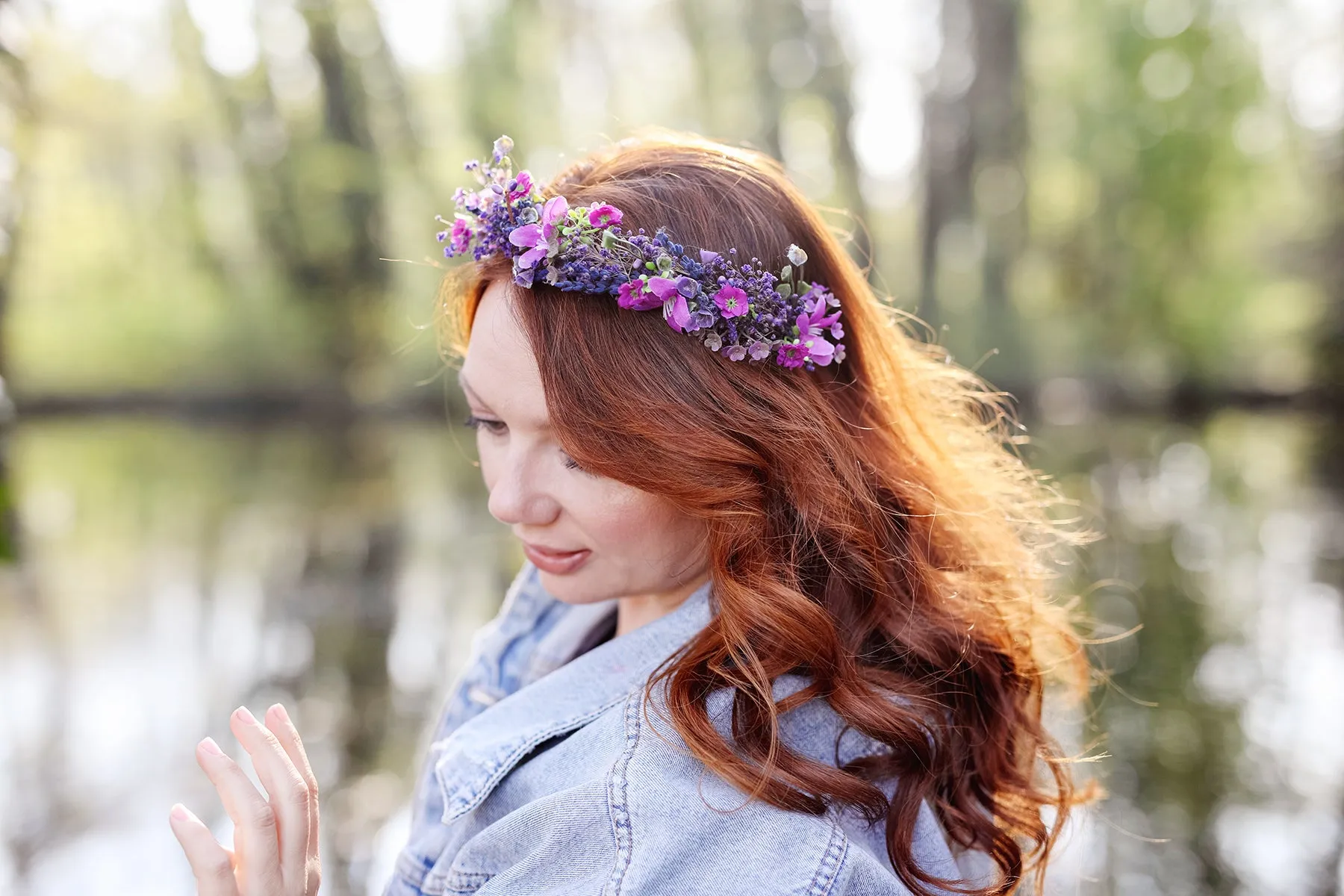 Purple flower half crown Bridal headpiece Durable wreath 2021 Wedding Lavender Natural looking crown Magaela Violet wedding accessories