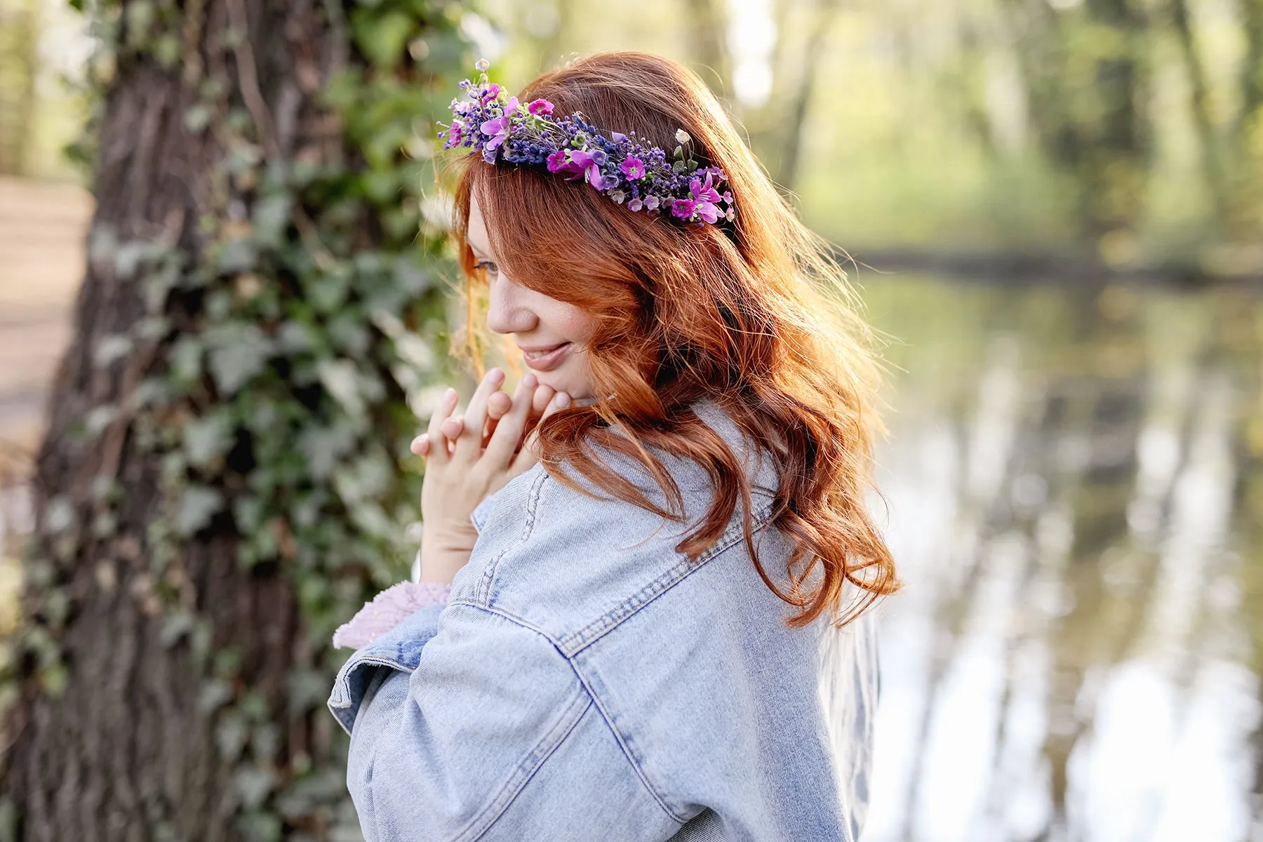 Purple flower half crown Bridal headpiece Durable wreath 2021 Wedding Lavender Natural looking crown Magaela Violet wedding accessories