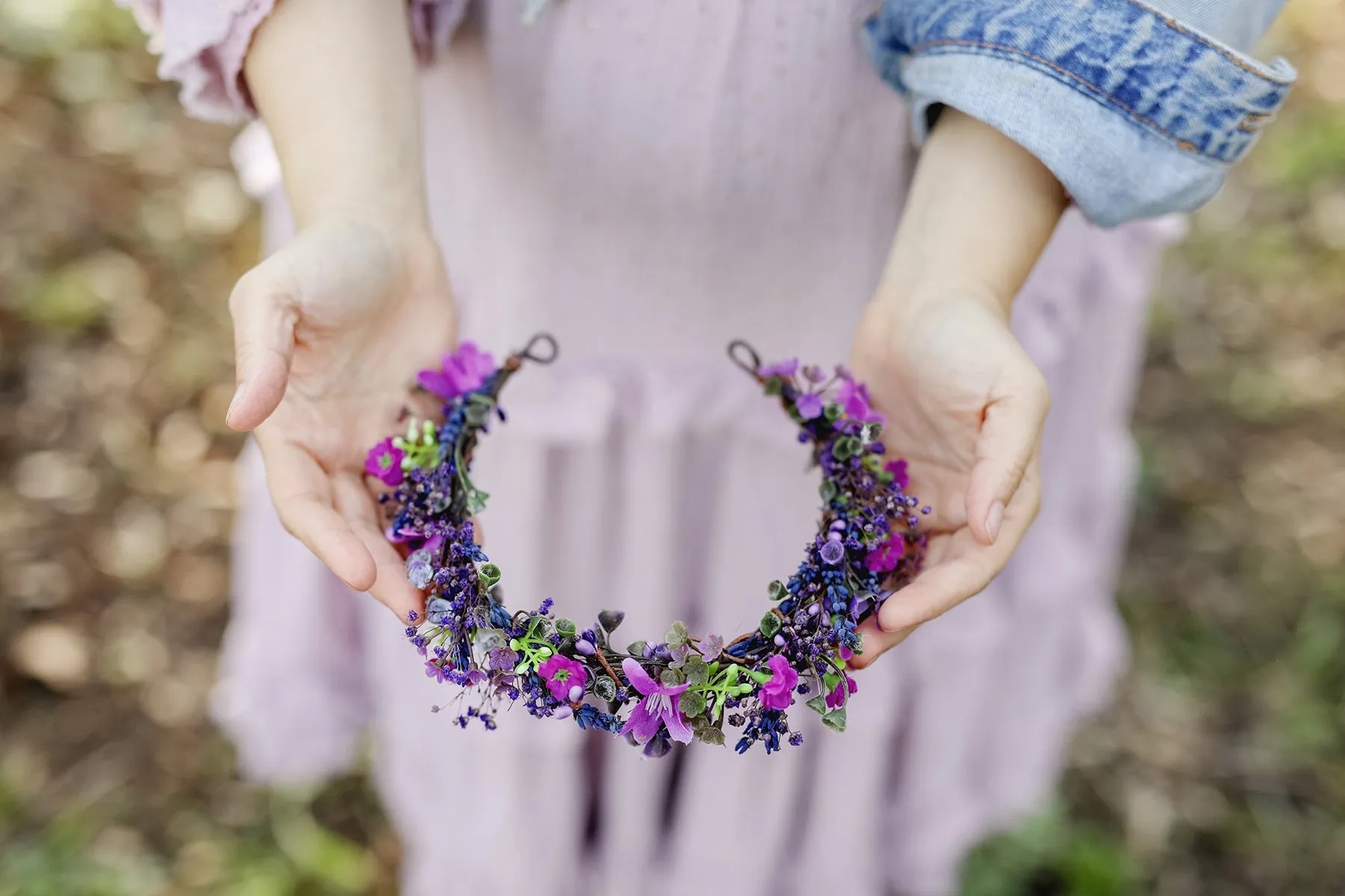 Purple flower half crown Bridal headpiece Durable wreath 2021 Wedding Lavender Natural looking crown Magaela Violet wedding accessories