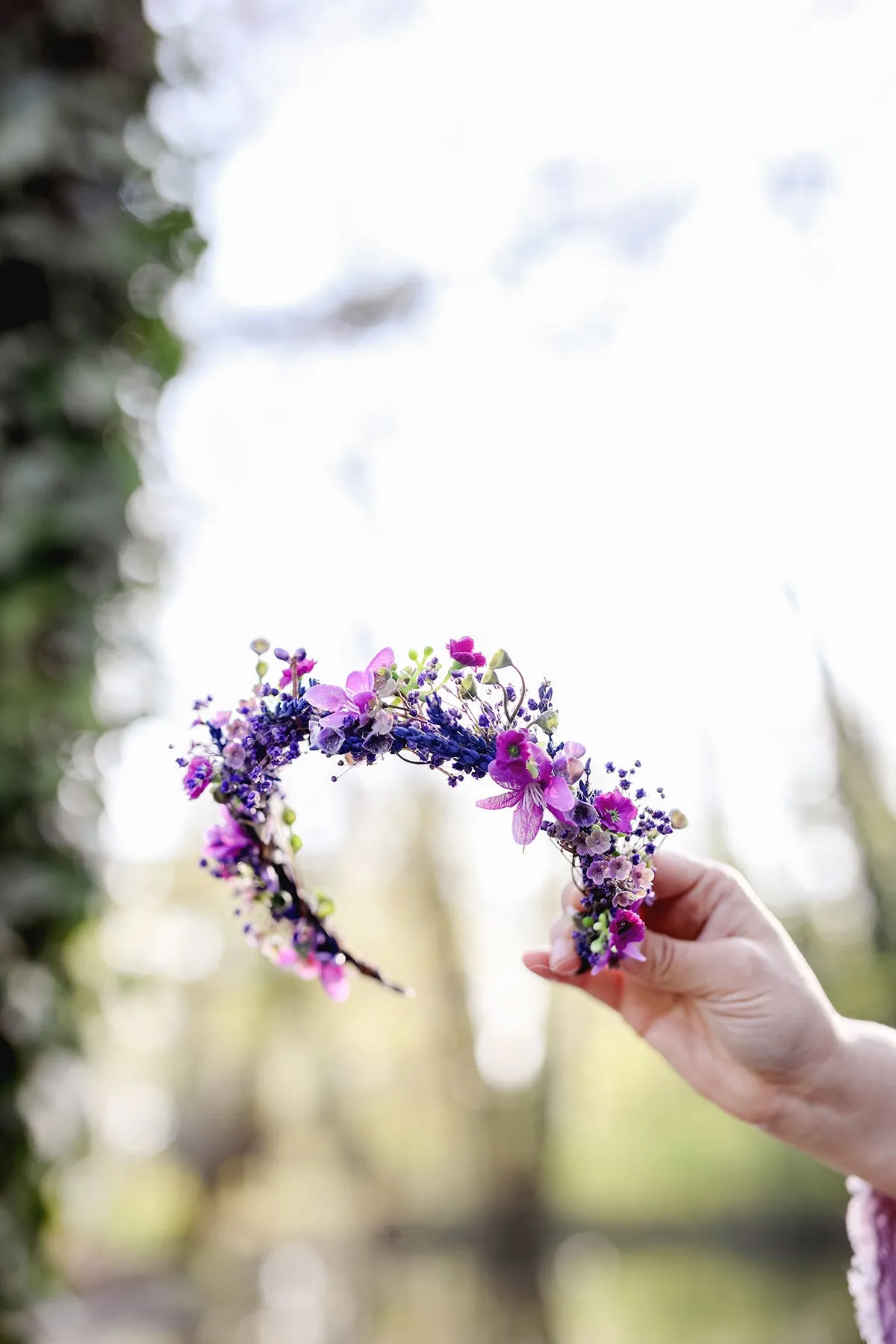 Purple flower half crown Bridal headpiece Durable wreath 2021 Wedding Lavender Natural looking crown Magaela Violet wedding accessories