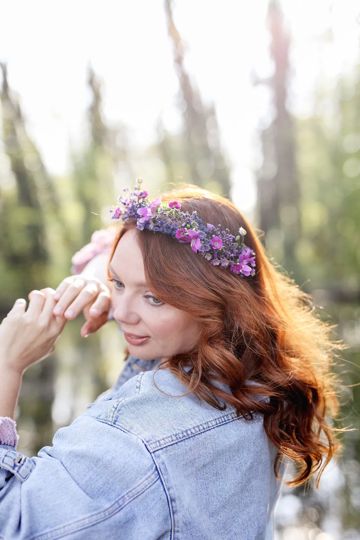 Purple flower half crown Bridal headpiece Durable wreath 2021 Wedding Lavender Natural looking crown Magaela Violet wedding accessories