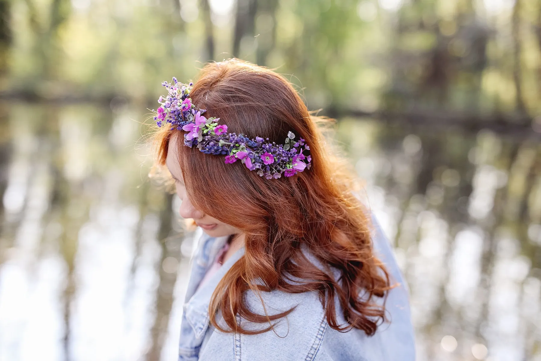 Purple flower half crown Bridal headpiece Durable wreath 2021 Wedding Lavender Natural looking crown Magaela Violet wedding accessories