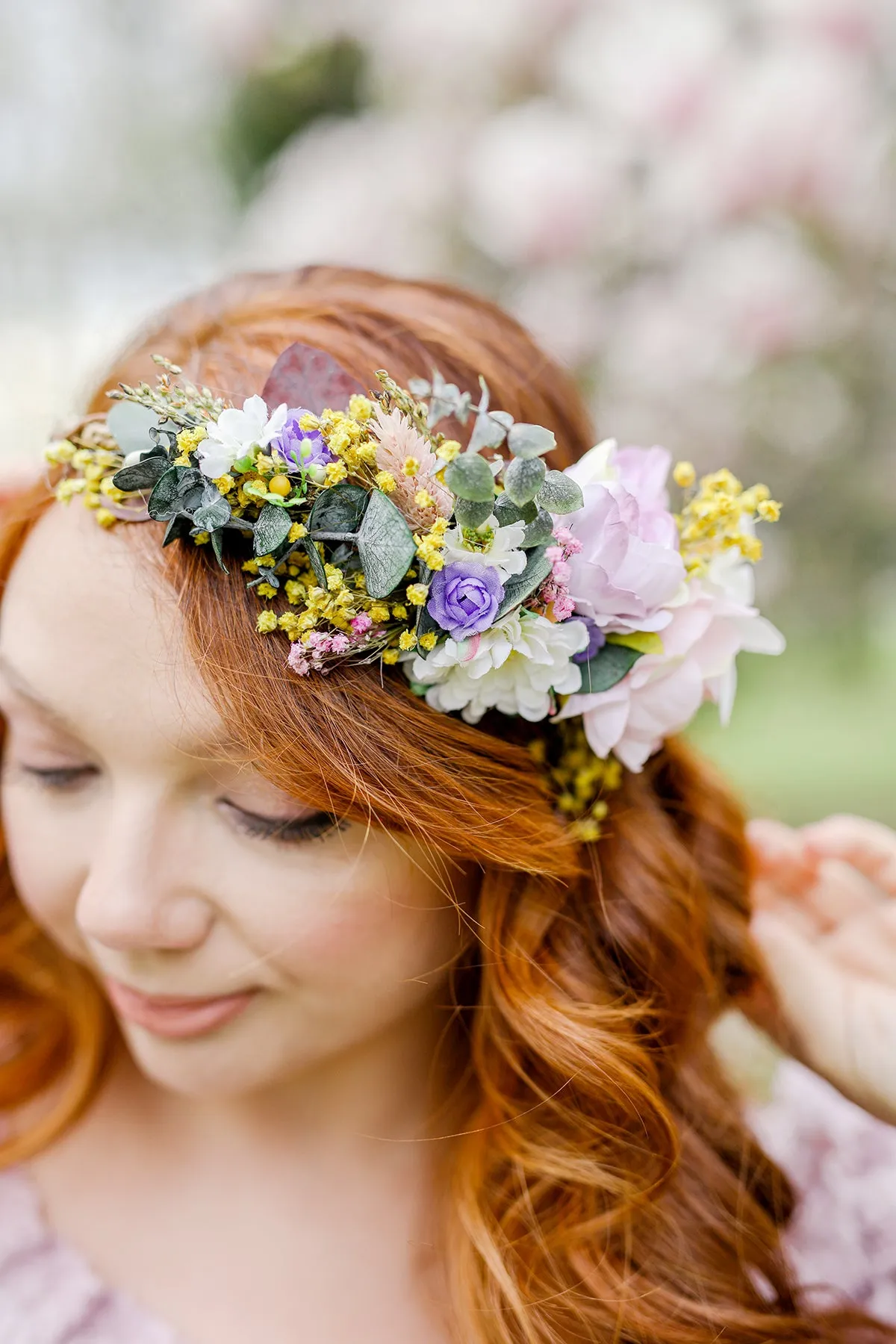 Romantic bridal crown Meadow hair wreath Wedding hair flowers Bridal accessories Comfortable headpiece Wedding 2021 Magaela One side flowers