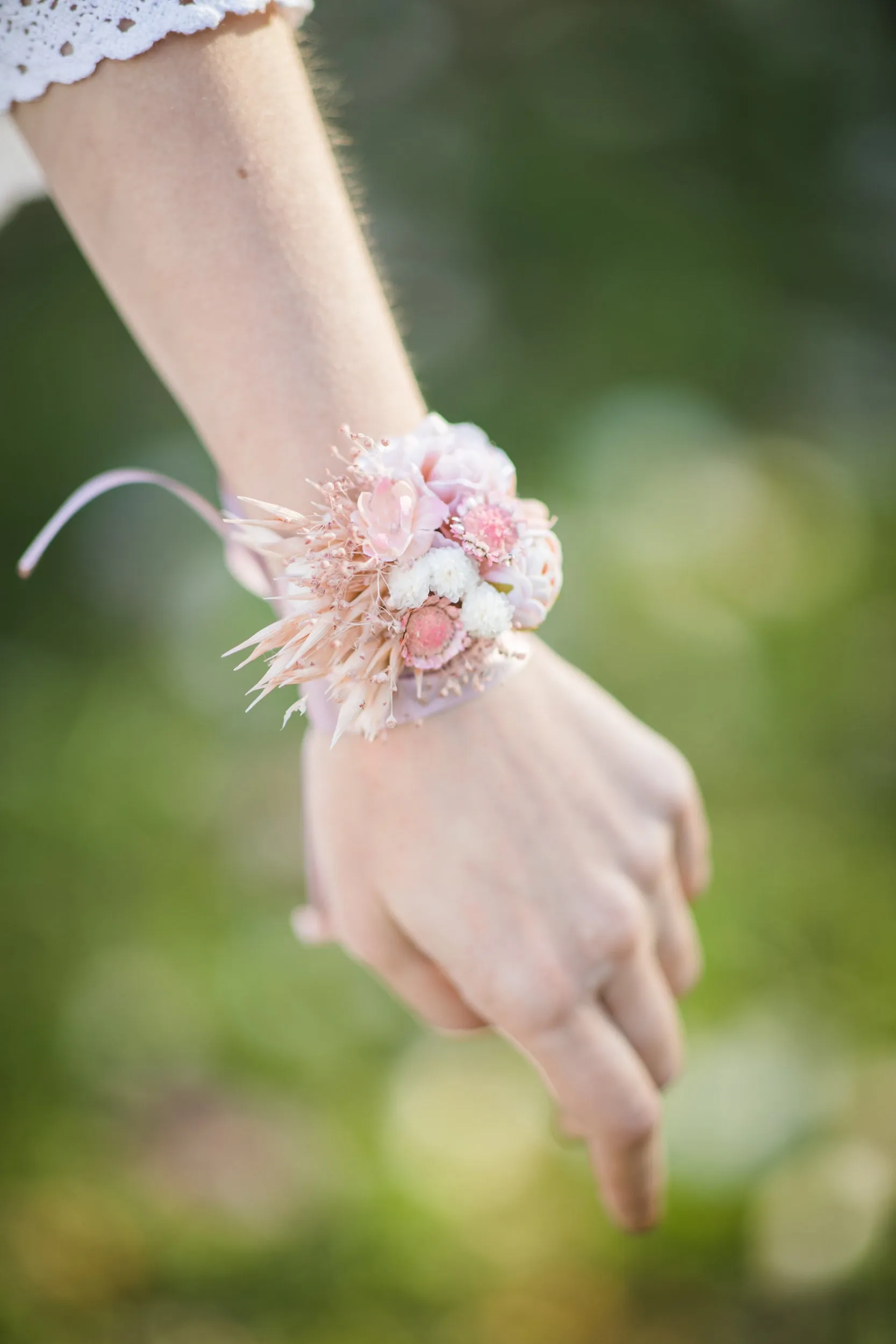 Romantic flower bracelet Blush and ivory bridal wrist corsage Preserved flowers Peony bracelet Bridesmaids gift Magaela Pale pink and cream