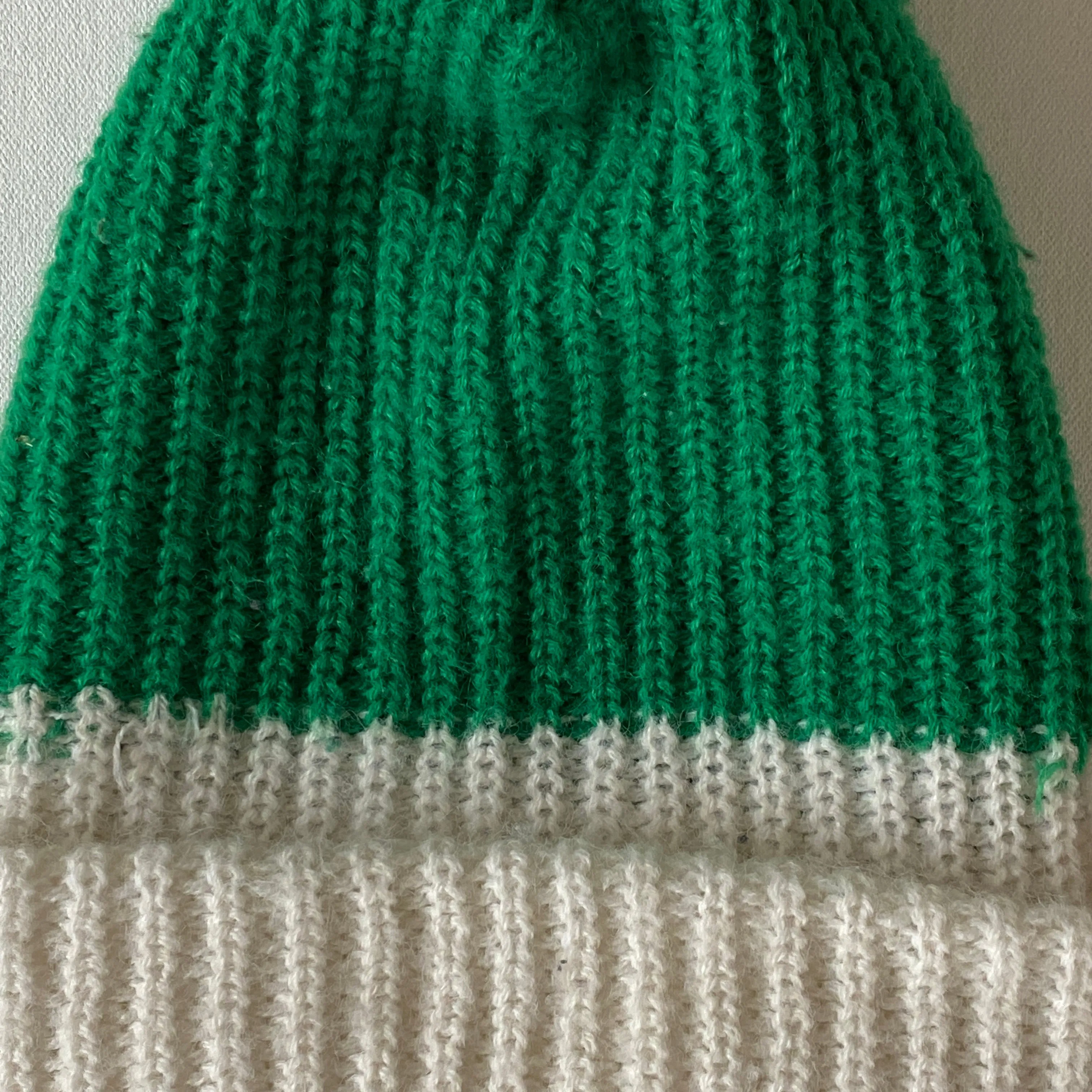 Vintage Green & White Knit Winter Ski Hat Beanie