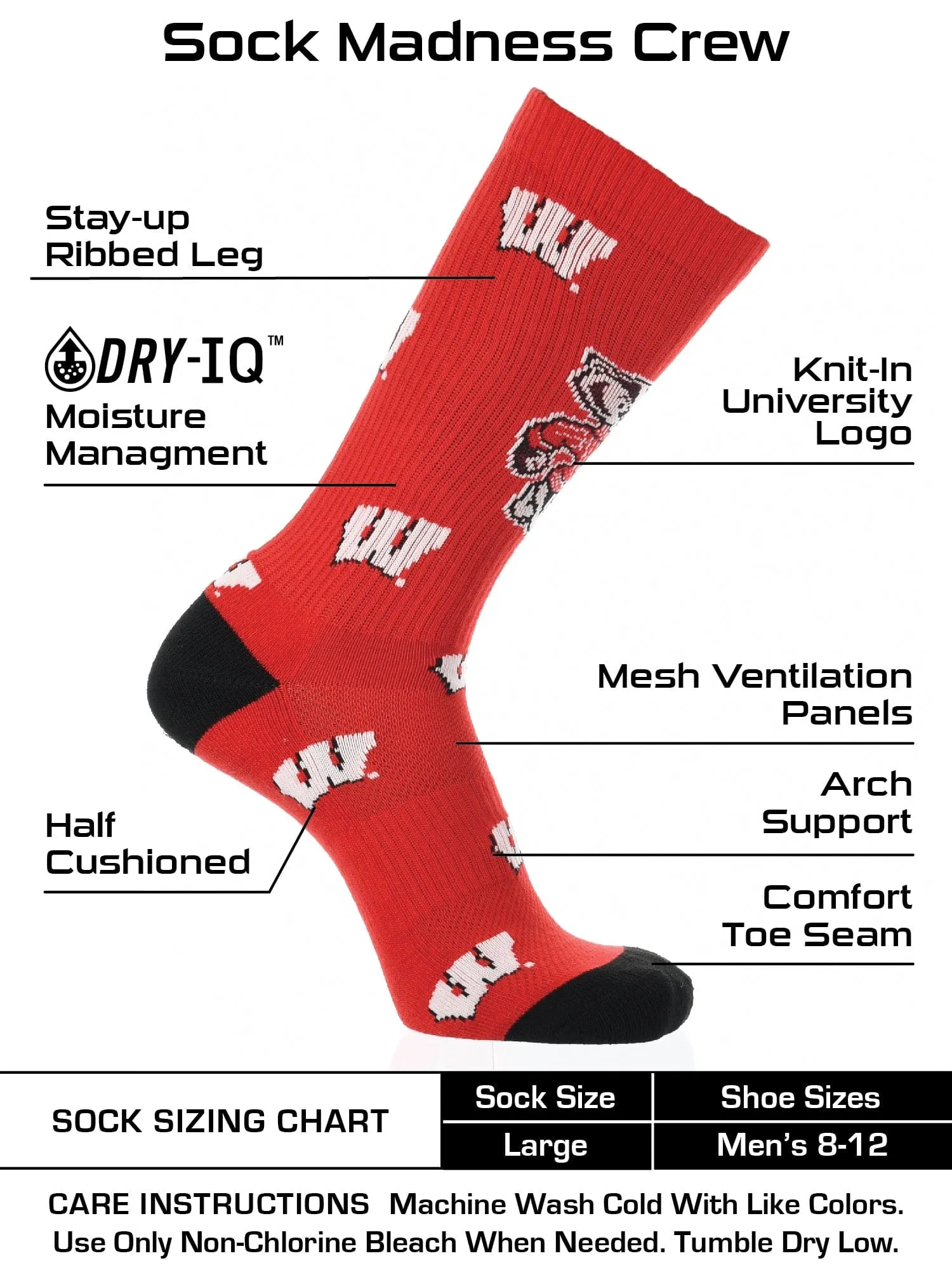 Wisconsin Badgers Socks Crew Length Sock Mayhem